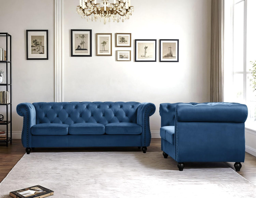 Container Furniture Velvet Chesterfield Couch, Button-Tufted Backrest, Rolled Arms, High-Density Foam with Spring Support, Elegant Accent Piece, Sofa, Dark Blue