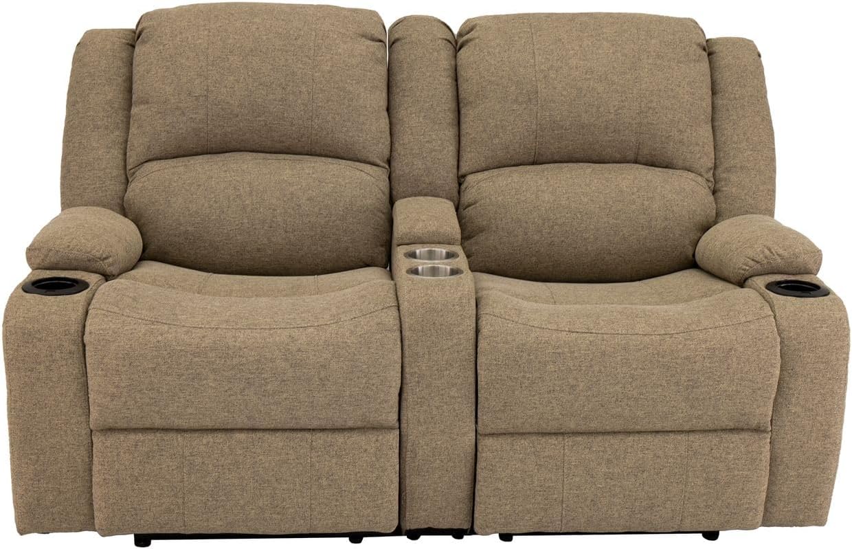 RecPro Charles 67" Double Recliner RV Sofa with Console and Cupholders | Zero Wall Loveseat for Camper | Wall Hugger Couch | Fifth Wheel Theater Seating | Replacement RV Furniture | Oatmeal Cloth