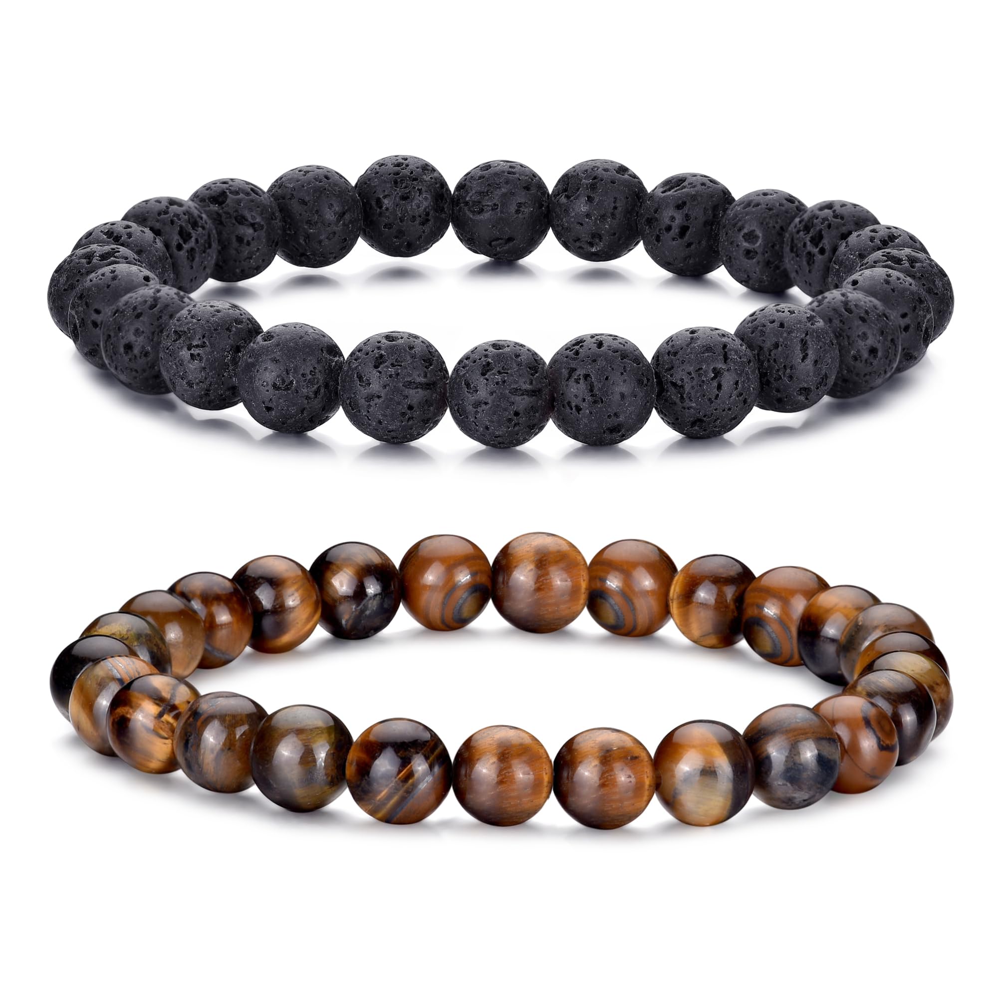 RANKEEF Mens Bead Bracelet Set - Adjustable Elastic Rope With 6&8MM Natural Stone Multi-Colored Beads - Tiger Eye Bracelets for Men - Gift