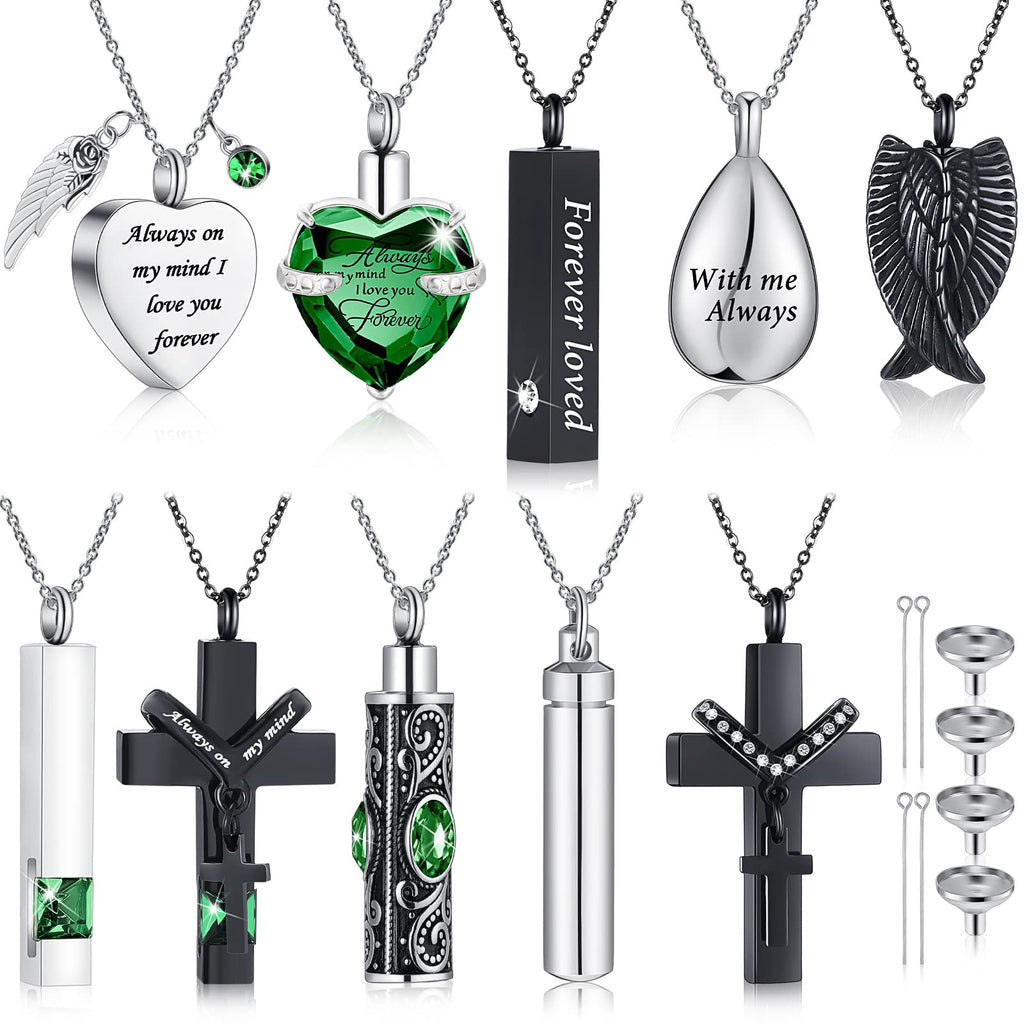 Jexine 10 Pcs Urn Necklace For Ashes Cremation Jewelry Wings Tear Drop Cross Crystal Ashes Necklace Stainless Steel Zircon Memorial Locket Vertical Bar Heart Waterproof Keepsake For Men
