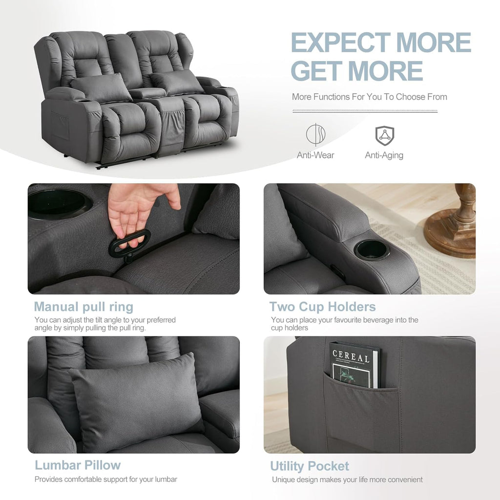 SAMERY 65.5" RV Loveseat Double Recliner With Console | Wall Hugger Reclining Sofa | Theater Seats | Couch | Furniture for RV and Home (Dark Gray)