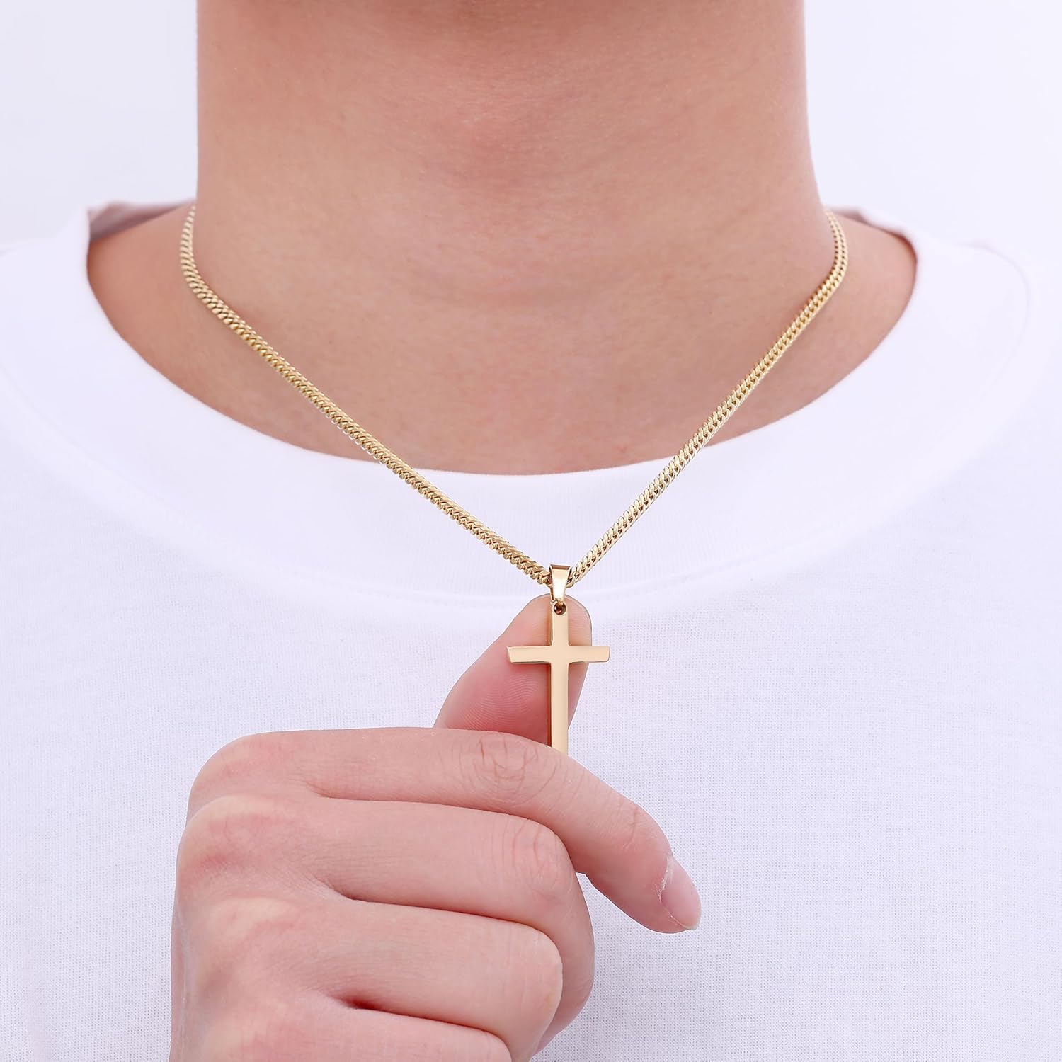 Fiusem Cross Necklace for Men and Women, Gold Plated Mens Cross Necklaces with 3.5mm Cuban Chain, Stainless Steel Pendant Chain 16-24 Inches