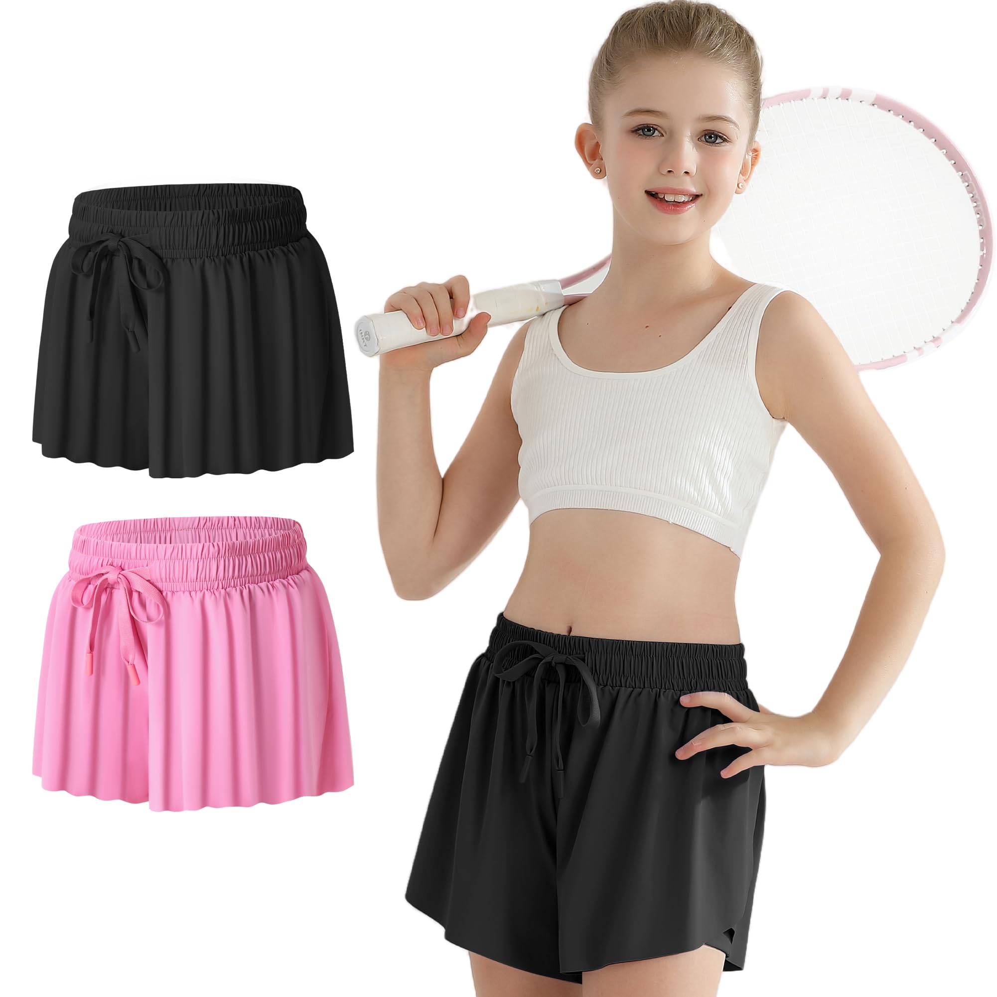 2 Packs Butterfly Shorts Girls Black Pink Shorts for Girls with Pockets Girls Flowy Athletic Shorts for Workout, Fitness, Sports Size 7