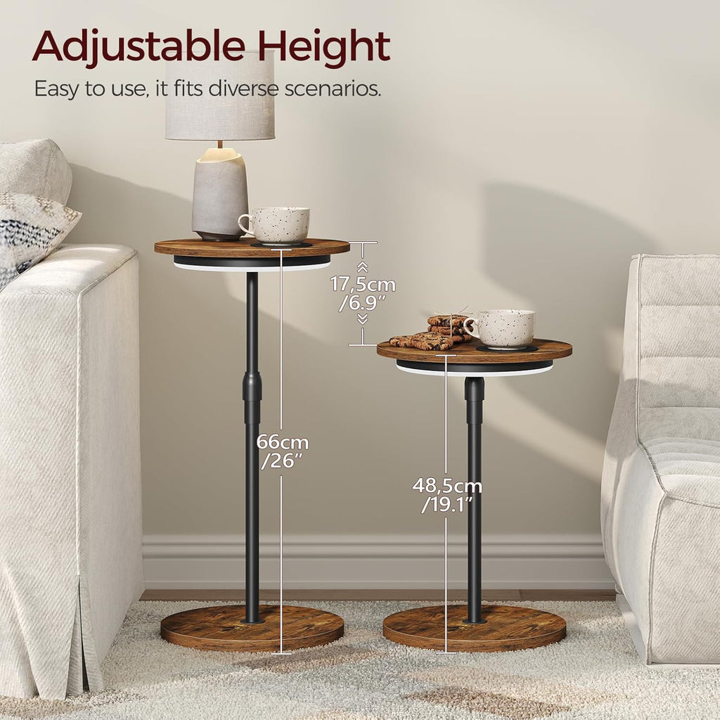 Set of 2 Small Round Side Table, Adjustable Height Drink Table, Pedestal Side Table with LED Light and Cup Mat, Coffee Martini Table, for Small Spaces, Rustic Brown and Black ETHR32E01S2