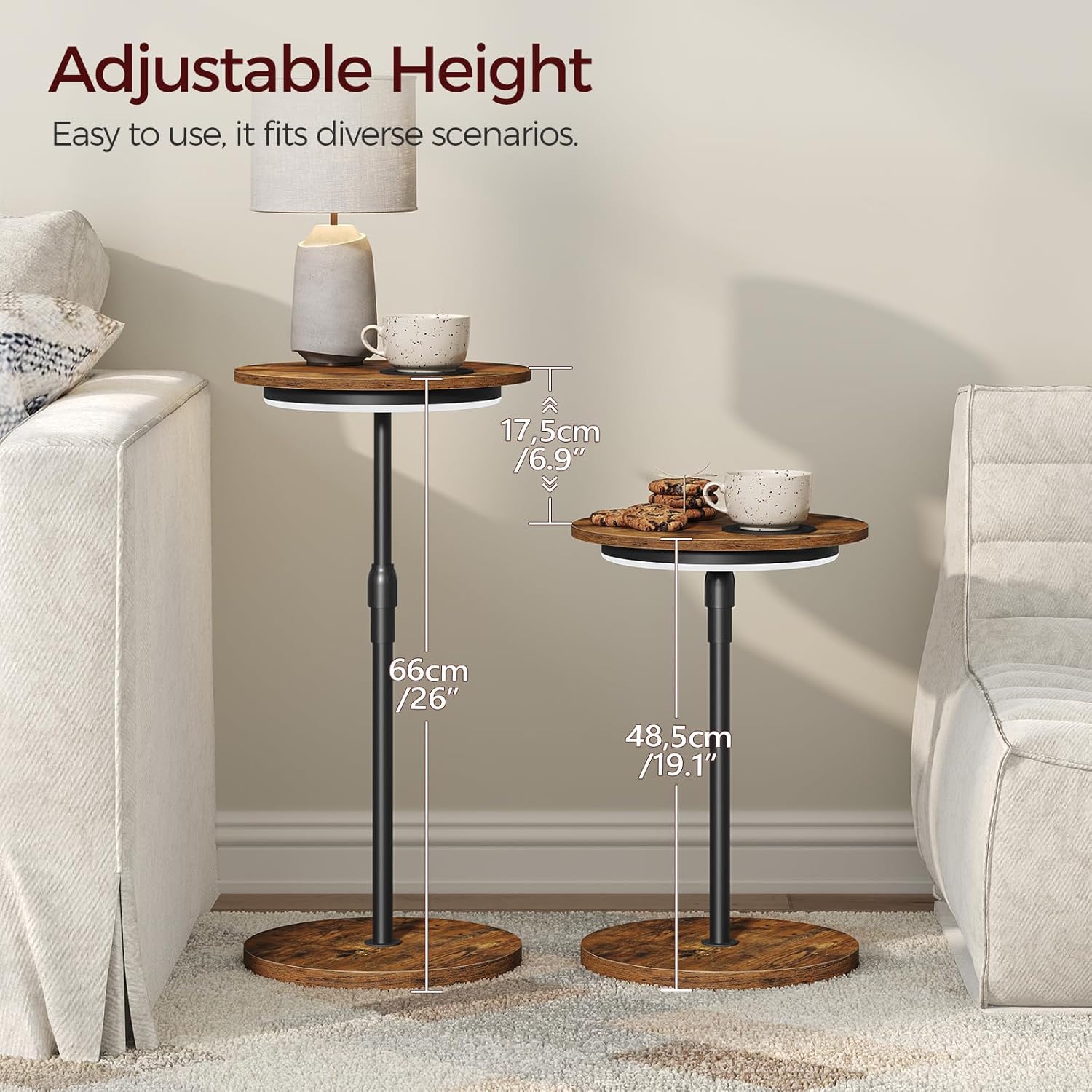 Set of 2 Small Round Side Table, Adjustable Height Drink Table, Pedestal Side Table with LED Light and Cup Mat, Coffee Martini Table, for Small Spaces, Rustic Brown and Black ETHR32E01S2