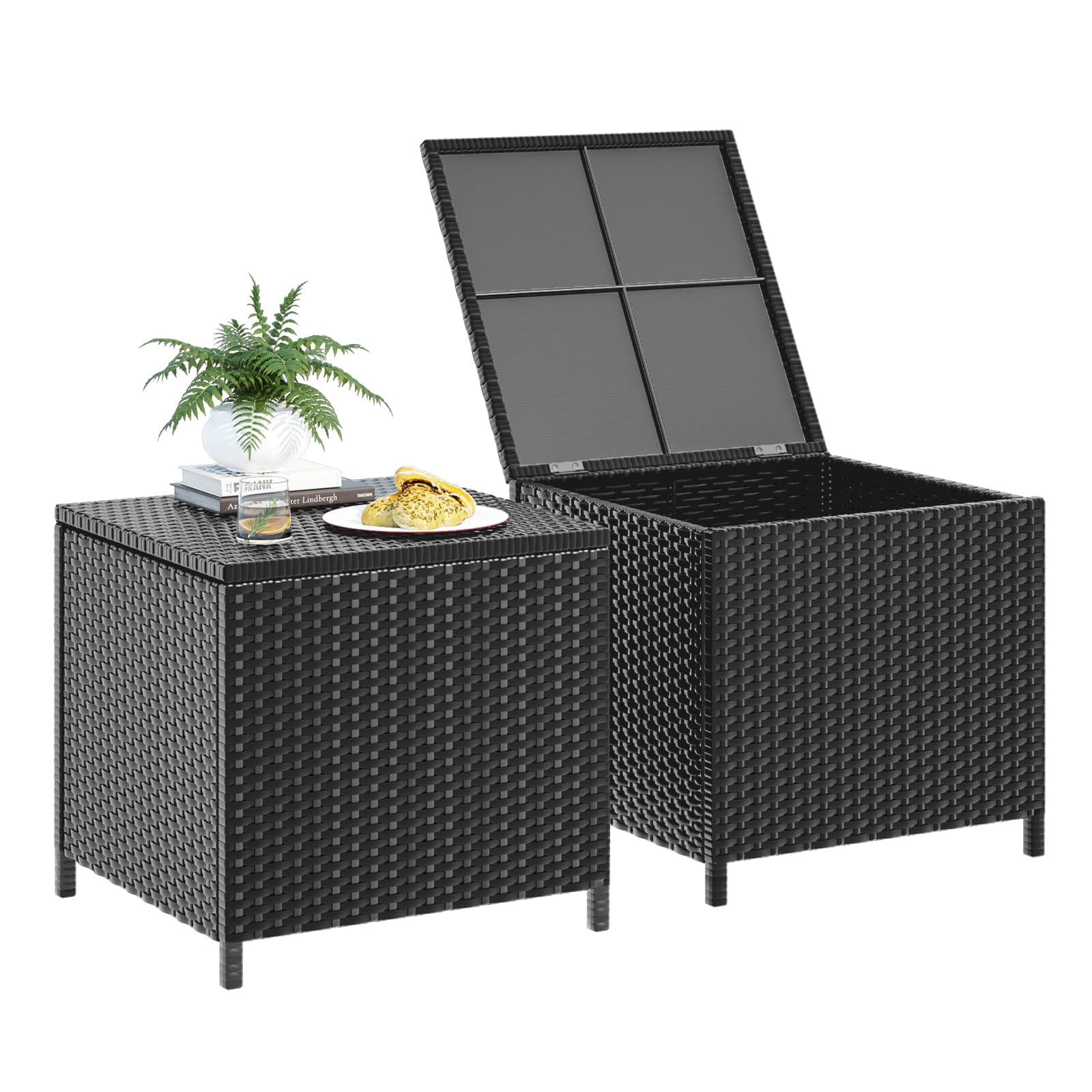 UDPATIO Outdoor Wicker Side Table with Storage Patio Rattan End Table Small Resin Square Container Coffee Table Backyard Pool for Furniture Covers, Toys and Gardening Tools (Grey)
