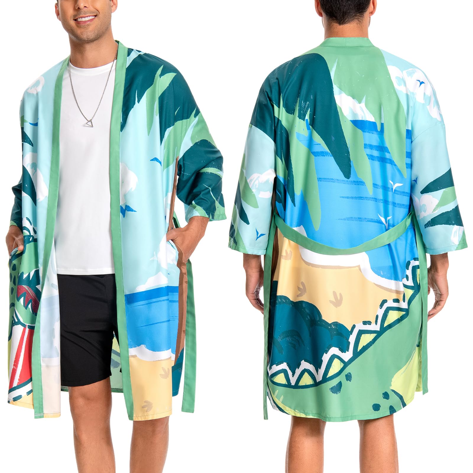 OLAOLA Men Lightweight Kimono Robe with Belt Japanese Style Robe Jacket Casual Open Front Long Cardigan Cape Coat Outwear
