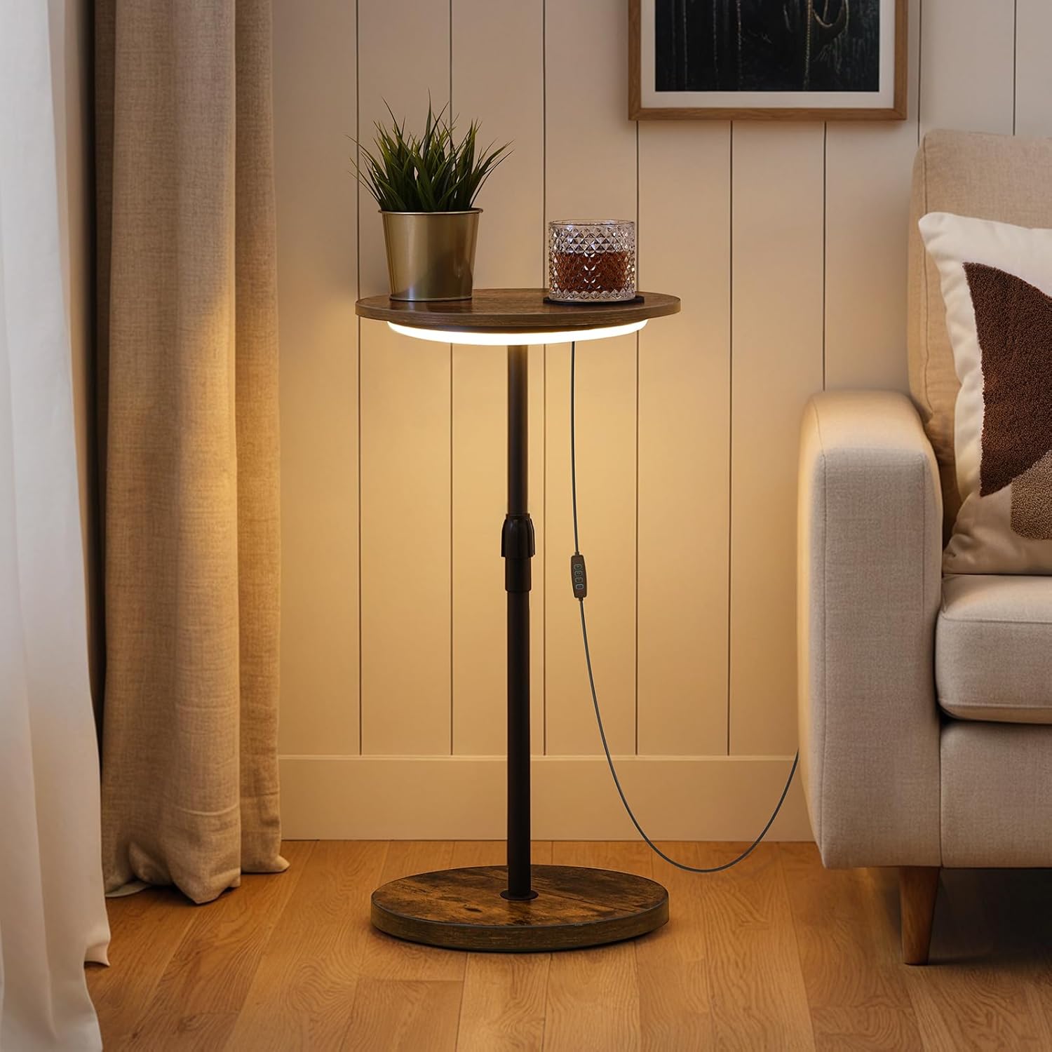 Set of 2 Small Round Side Table, Adjustable Height Drink Table, Pedestal Side Table with LED Light and Cup Mat, Coffee Martini Table, for Small Spaces, Rustic Brown and Black ETHR32E01S2