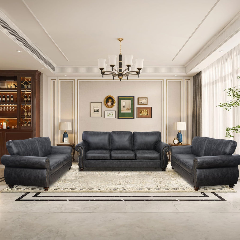 Mid-Century Vintage Sofa Couches with Rivet Design,loveseat Sofa,Removable Sofa Cover Upholstered Cushions and Solid Wood Frame (Grey, 3-Seater)