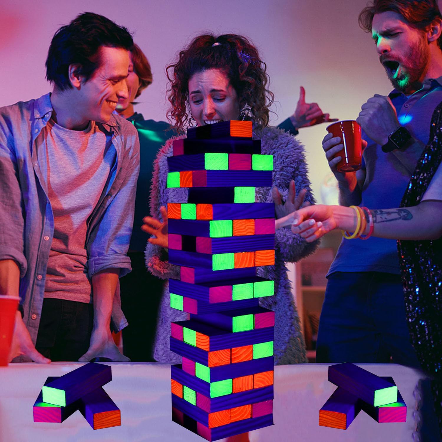 54 Piece Giant Tumble Tower Outdoor Games, Glow in The Blacklight Tumble Tower Yard Games,Outdoor Board Game for Kids and Adults for Family Game Night (Giant)