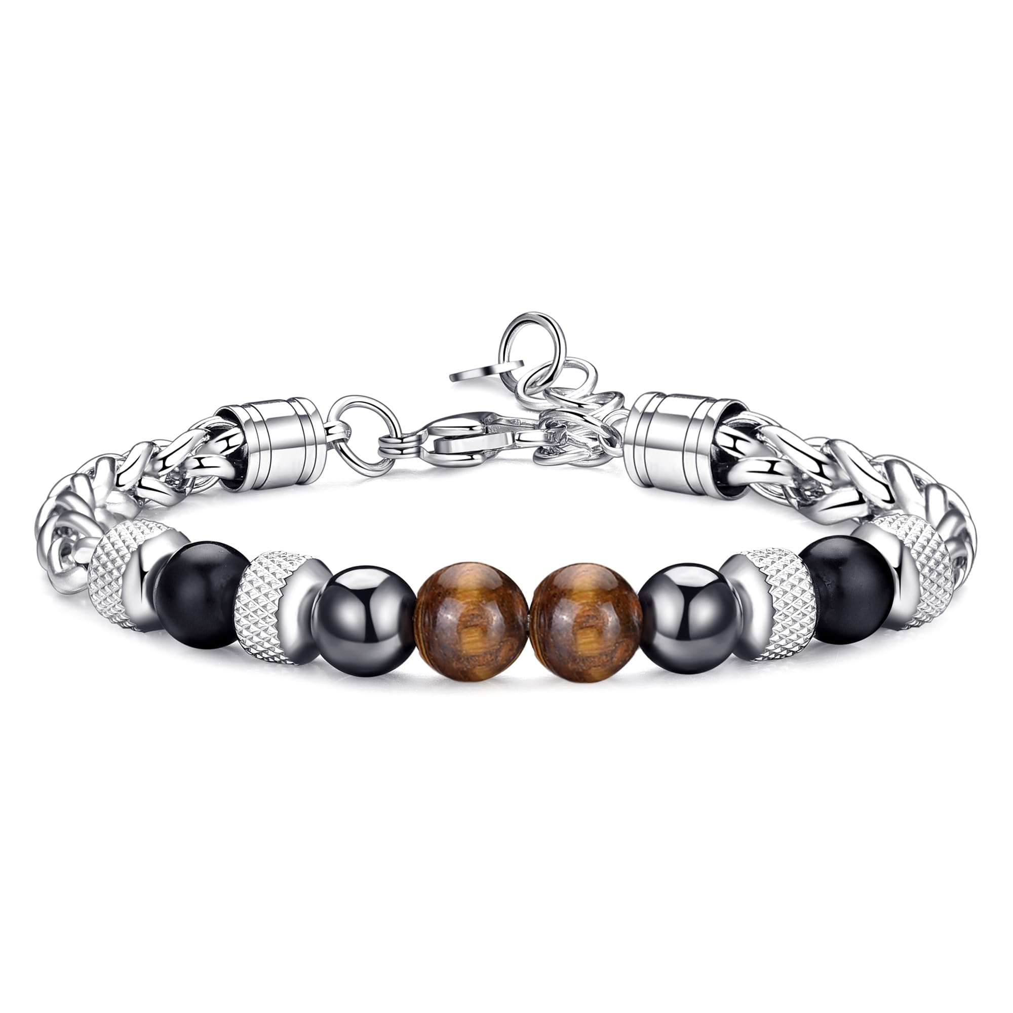 RANKEEF Mens Bead Bracelet Set - Adjustable Elastic Rope With 6&8MM Natural Stone Multi-Colored Beads - Tiger Eye Bracelets for Men - Gift
