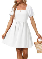 OFEEFAN White Plus Size Dress Short Sleeve Mini Dress for Women Square Neck Casual Summer 2XL