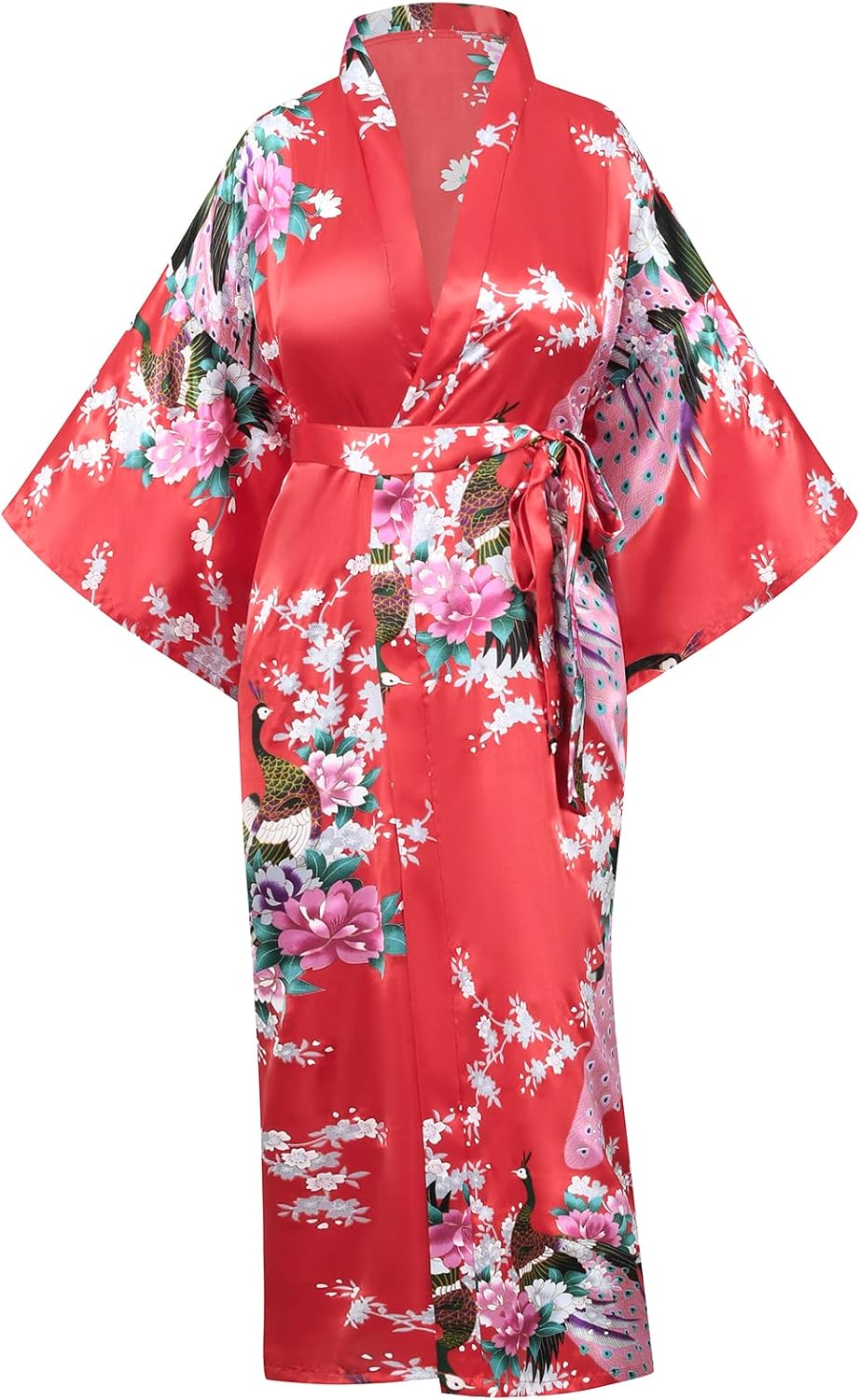 Heone Kimono Satin Peacock Printed Lightweight Cardigan Jacket Coat Yukata Cloak Bathrobe Tops folding Fans Tabi Socks Set