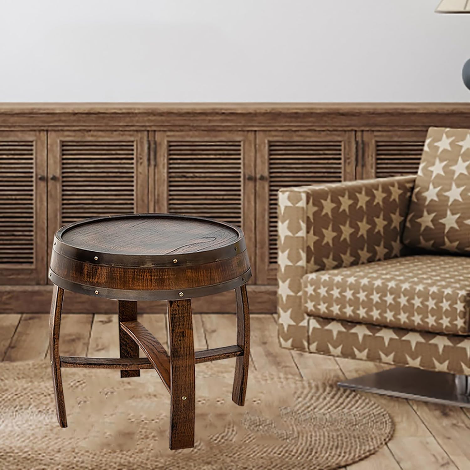 Farmhouse Whiskey Barrel End Table,Round Wood Barrel Side Table,Rusitc Wine Barrel Bourbon Barrel Coffee Table Handcrafted Oak Barrel Decor Furniture