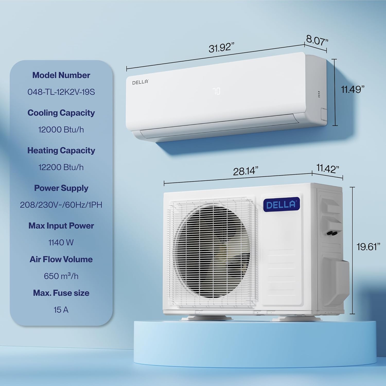 DELLA Vario Series 12000 BTU Mini Split Air Conditioner Work with Alexa with 1 Ton Pre-Charged Heat Pump Ductless Inverter System, 19 SEER2, Cools Up to 550 Sq. Ft,16.4ft Installation Kit Included