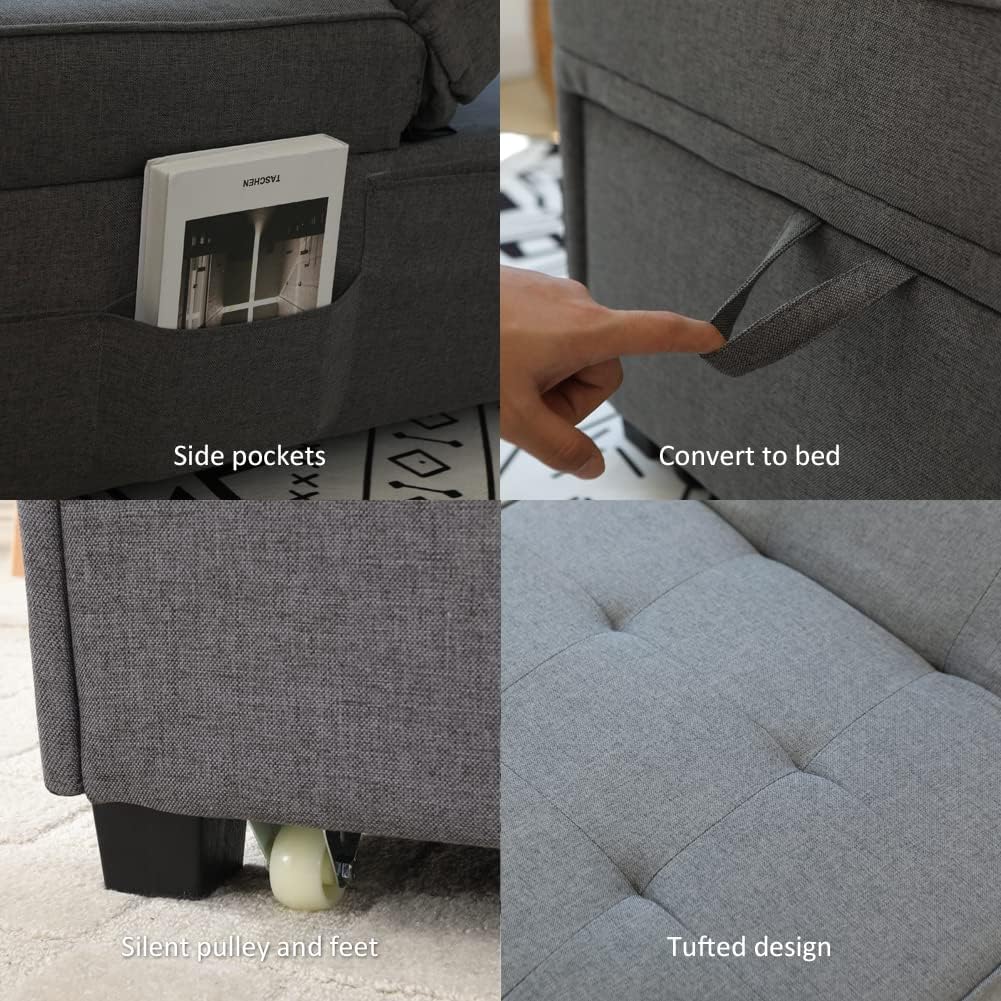 Cynefin Futon Chair with Lumbar Pillow and 3 Side Pockets, Sofa Bed Chair, Convertible 4 in 1 Ottoman Bed Tufted Fabric Gray (M, Gray)
