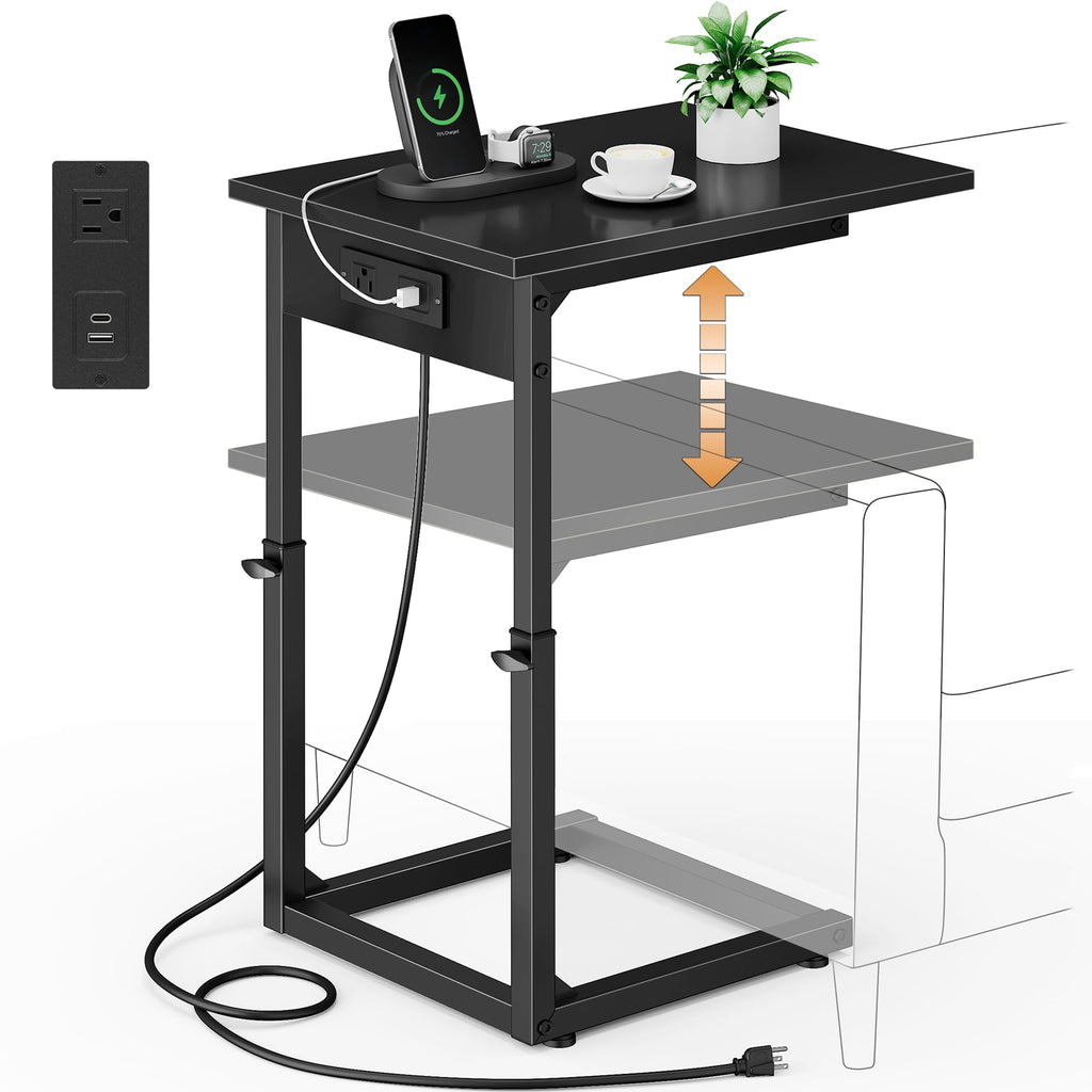 Vagusicc C Shaped End Table with Charging Station, 33" Tall Side Table for Couch, Sofa Table Adjustable Height Couch Side Table Coffee Table, Slide Under Sofa TV Tray C Table for Living Room, White