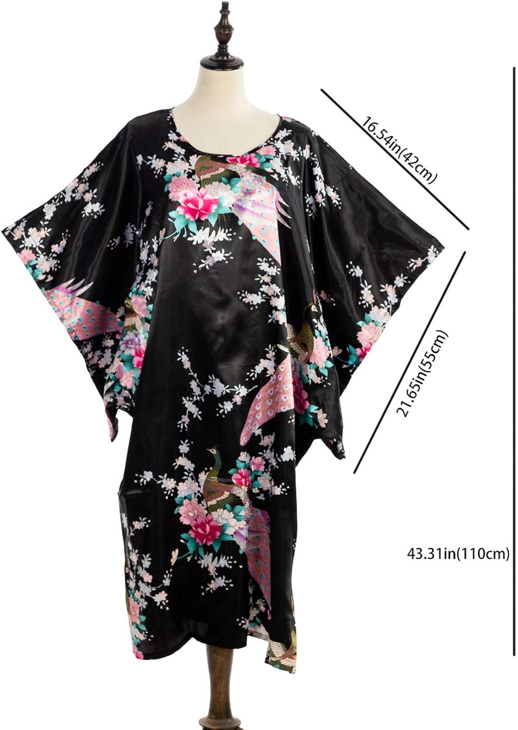 Flower Peacock Satin Silk Kimono Dress, Nightgown, Housedress One Size Fits Most Dressing Gown Robe