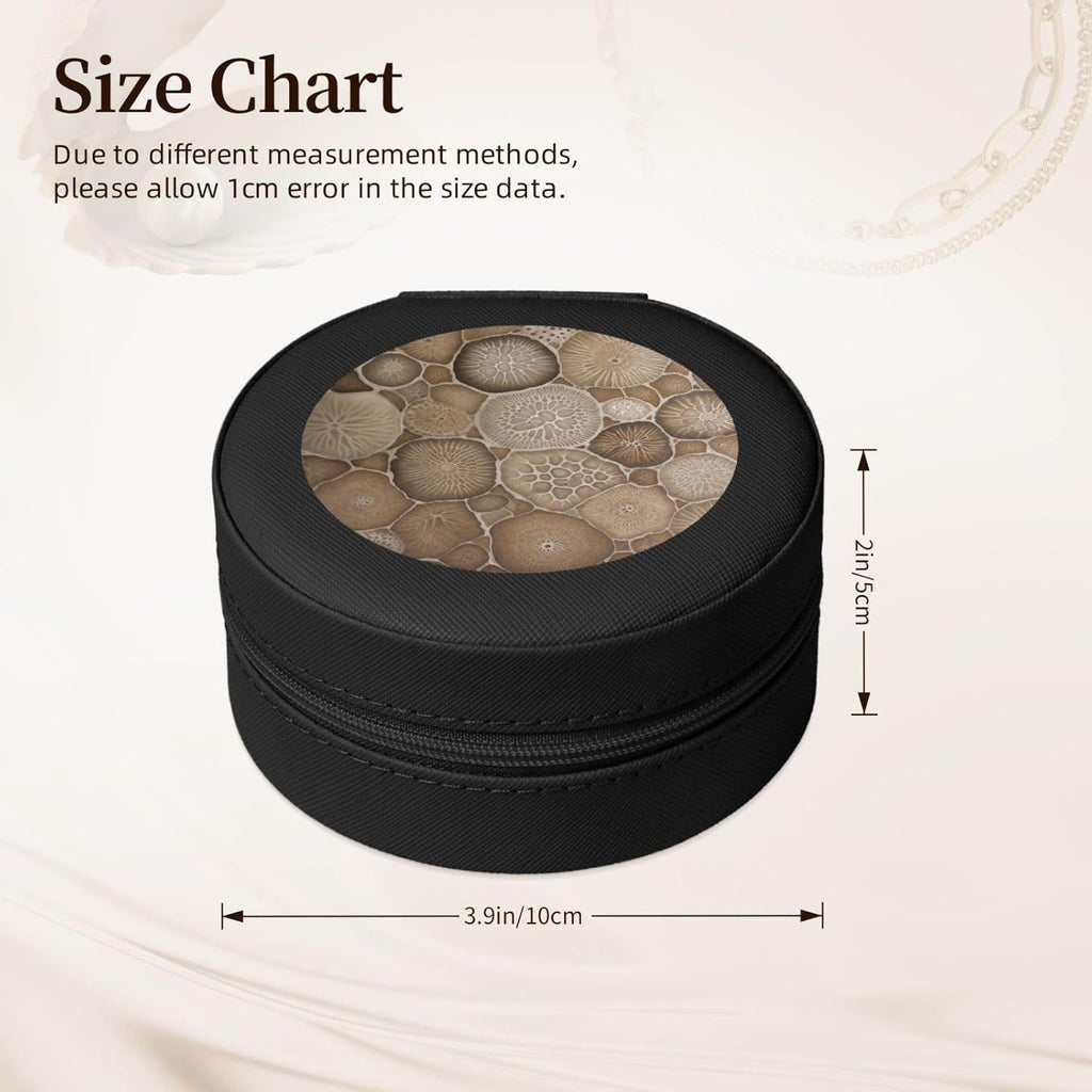 Petoskey Stone Printed Leather Jewelry Box, Black Round Jewelry Organizer for Earrings, Rings, Necklaces, Bracelets
