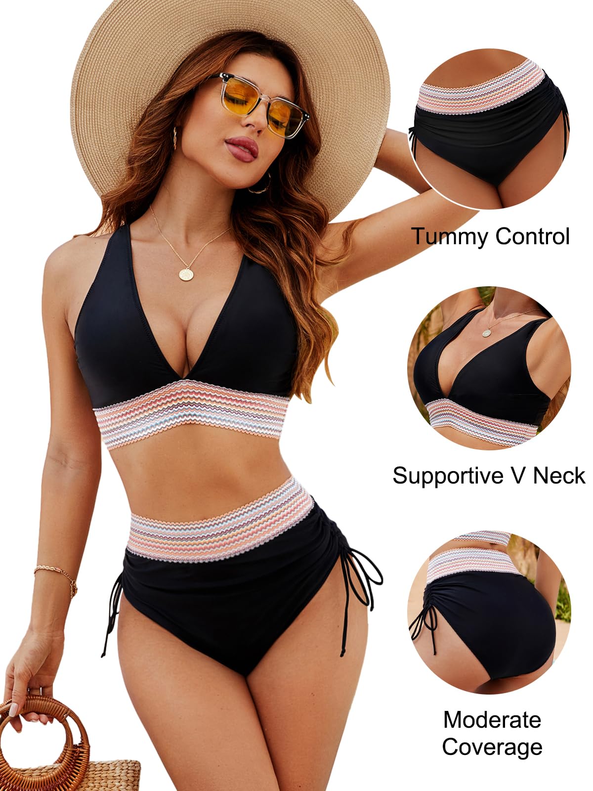Blooming Jelly Womens High Waisted Bikini Tummy Control Swimsuits Two Piece Drawstring Bathing Suit (M, Black)