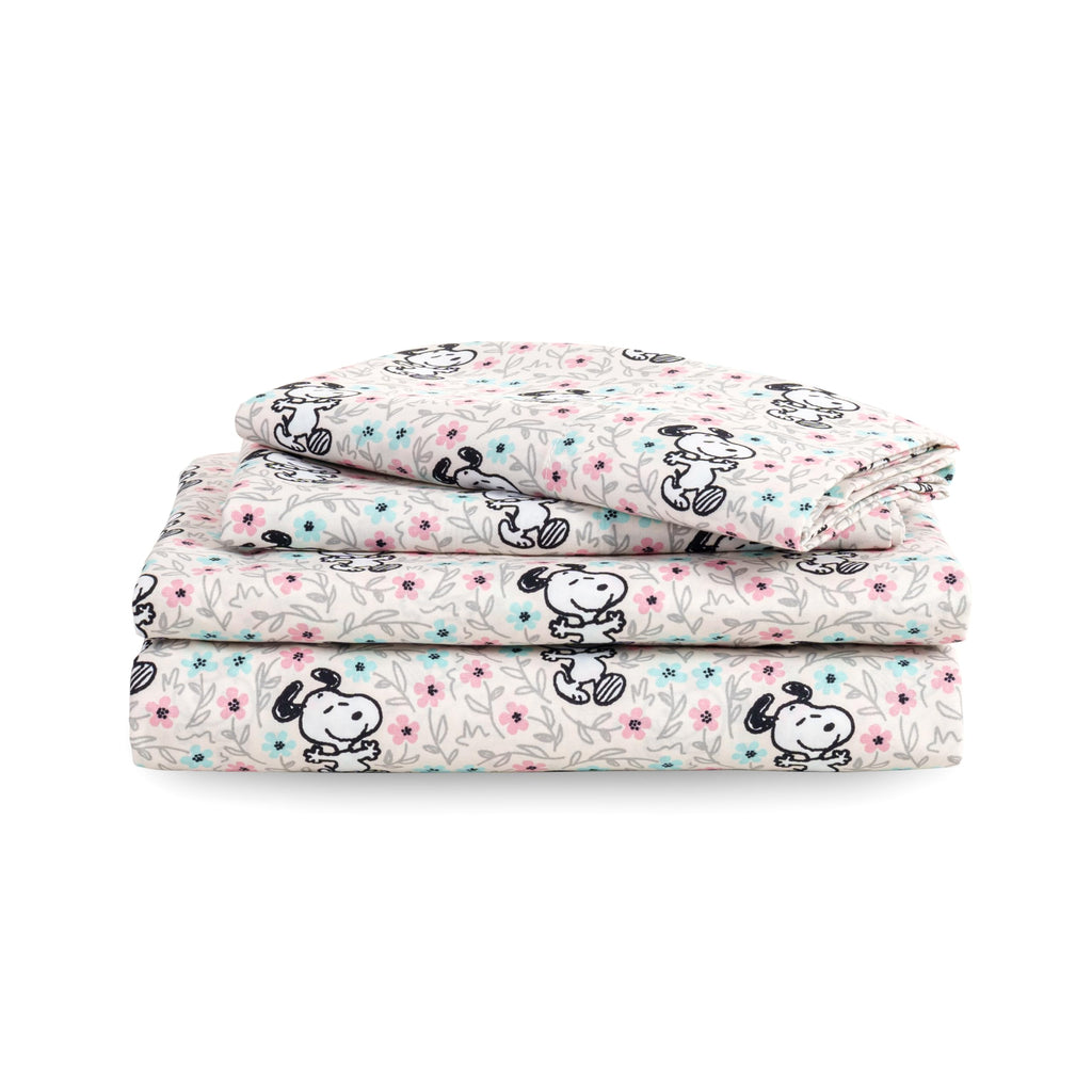 Zestaw pościeli Berkshire Blanket Peanuts® dla dzieci, rozmiar pełny - 4 części, Peanuts® mini pozy i łapy szare, urocze postacie Snoopy nadrukowane na miękkich mikrofibrowych prześcieradłach