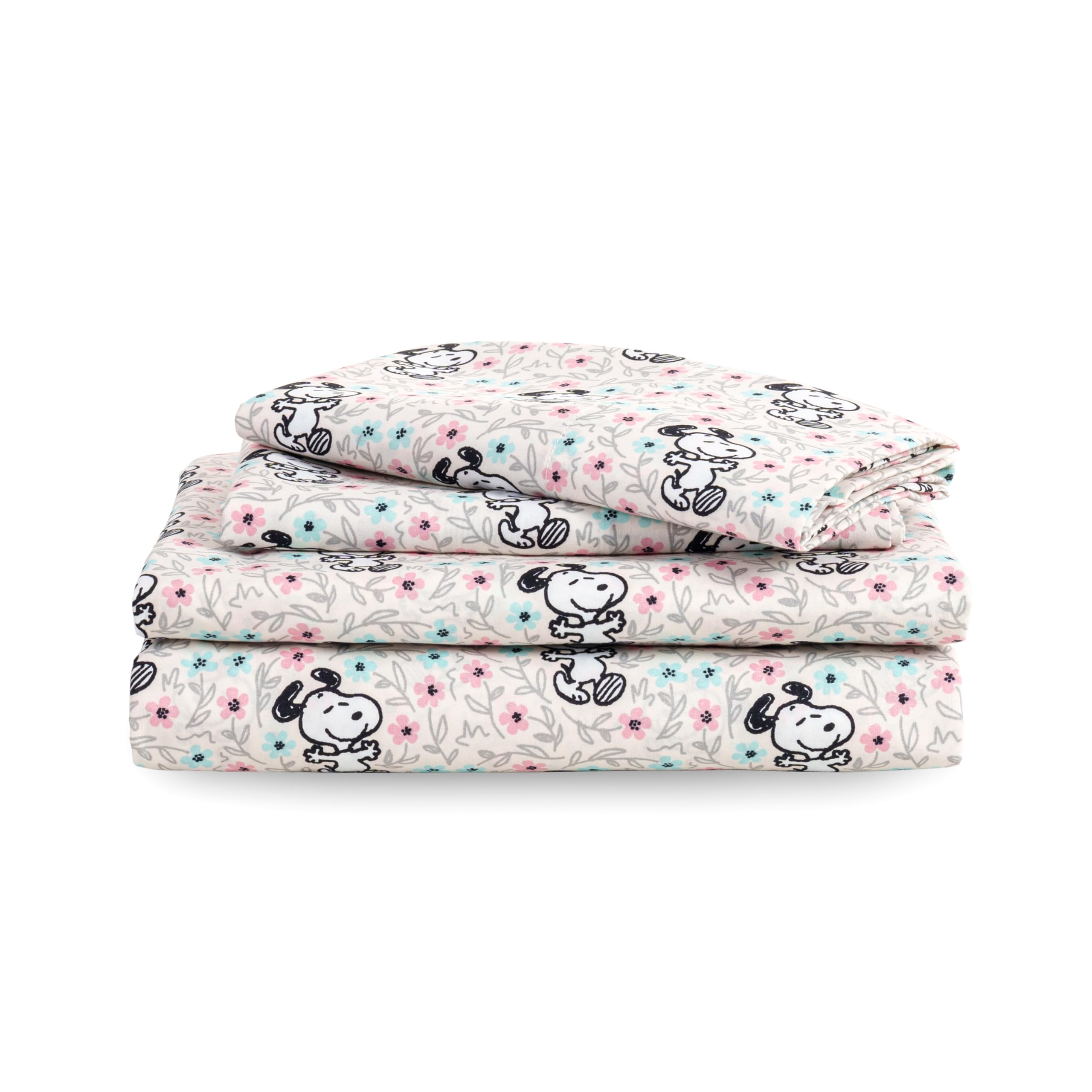 Zestaw pościeli Berkshire Blanket Peanuts® dla dzieci, rozmiar pełny - 4 części, Peanuts® mini pozy i łapy szare, urocze postacie Snoopy nadrukowane na miękkich mikrofibrowych prześcieradłach