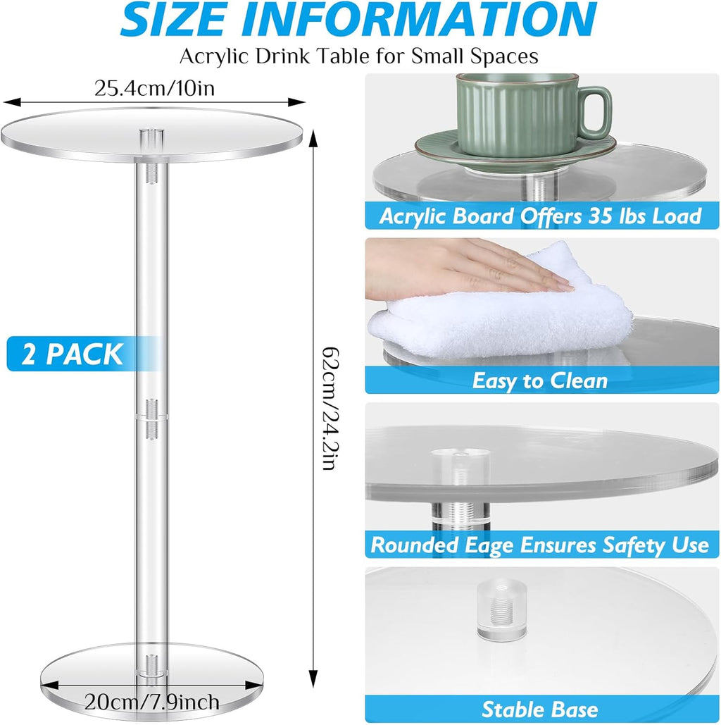 2 Pcs Acrylic Drink Side Tables 10 l x 10 W x 24.2 H Clear Living Room Round Coffee Cocktail Tables for Small Space End for Living Room Balcony Bedroom Easy Assembly