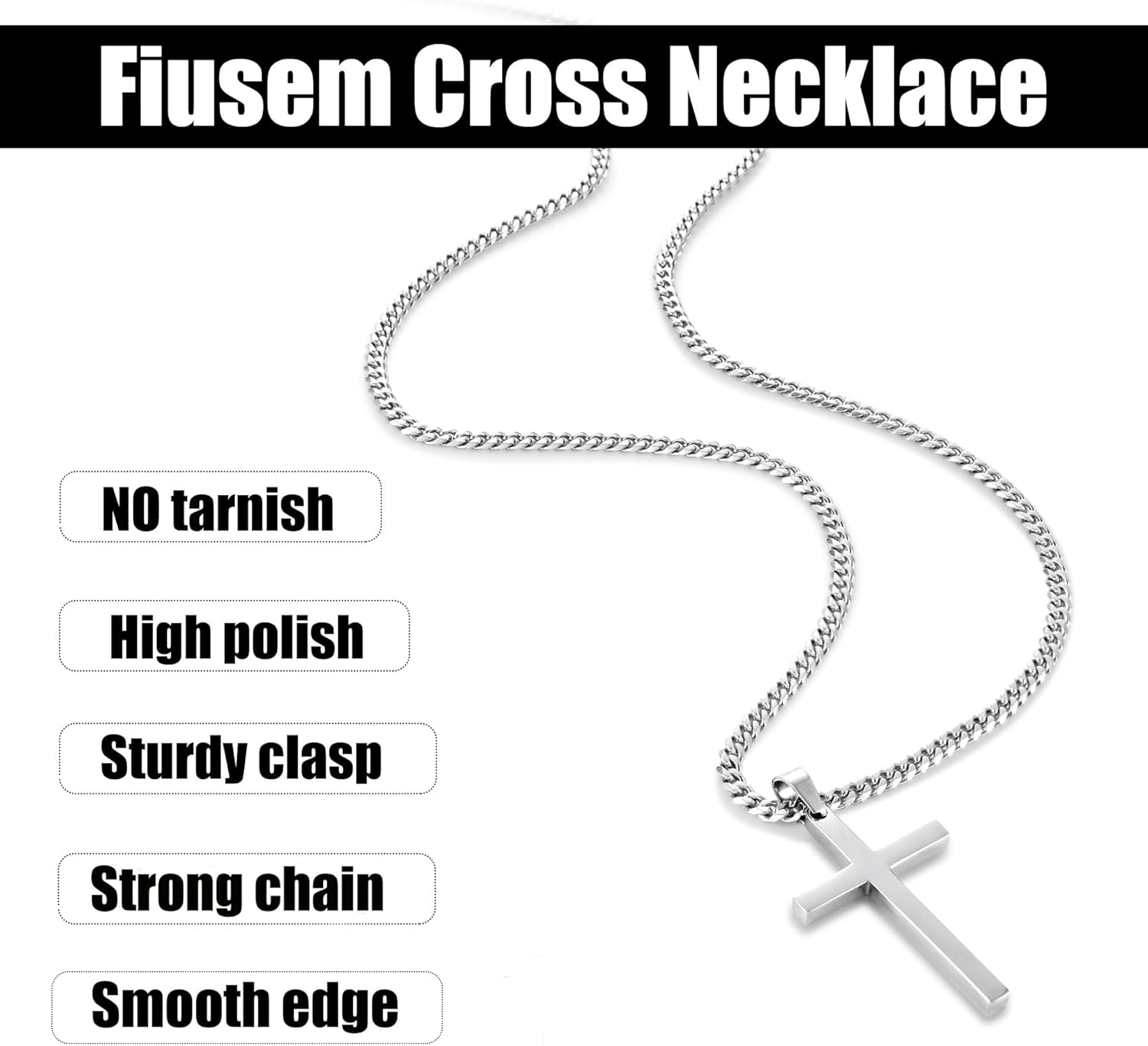 Fiusem Silver Tone Cross Necklace for Men, Mens Cross Necklaces with 3.5mm Chain and Stainless Steel Pendant, Cuban Chain 16-24 Inches