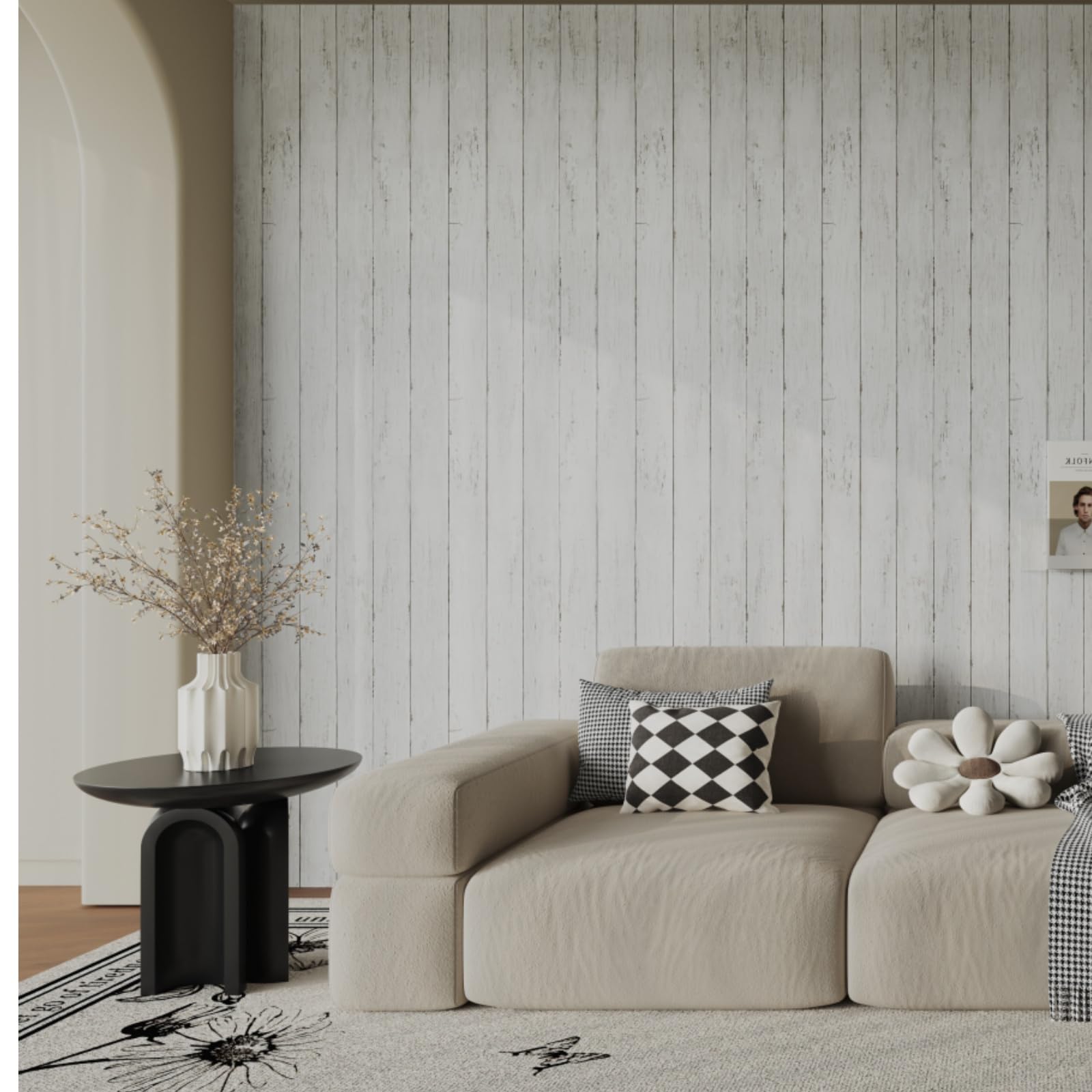 Abyssaly Peel and Stick Wallpaper 17.7" X 118" White Gray Wood Shiplap Contact Paper Self-Adhesive Removable Decorative Wall Covering Vintage Wood Plank Film for Home Decoration