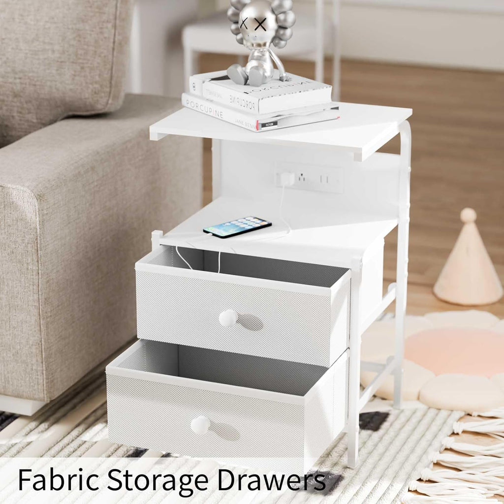 Nightstand with Charging Station and LED Lights, Side Table with 2 Fabric Drawers, Bedroom Nightstand, 3 Tier Storage Coffee Table, Living Room (1, White)