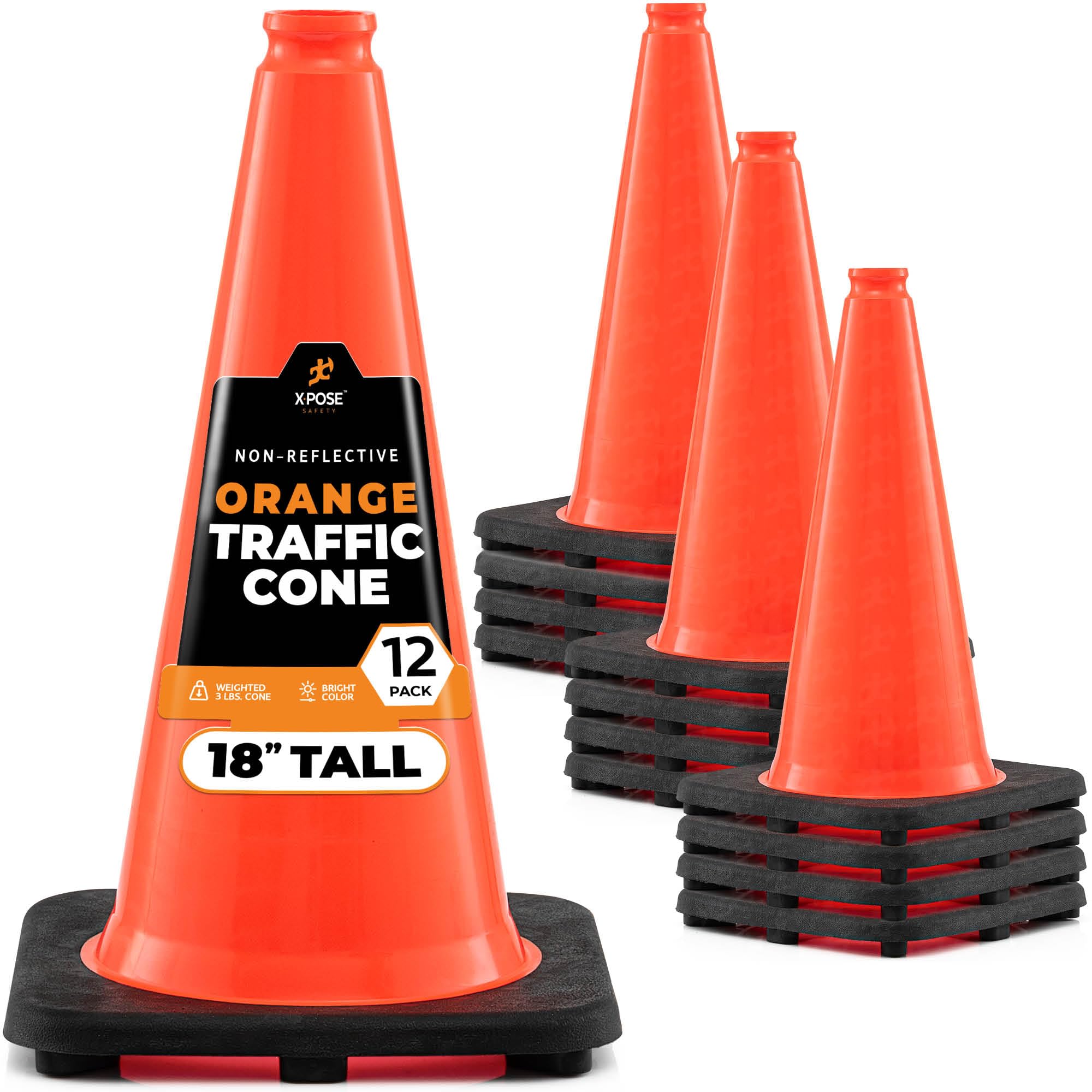 Xpose Safety 28 Inch Orange Traffic Cones Heavy Duty 10lb, 24-Pack - Multipurpose PVC Plastic Safety Cone for Parking, Soccer, Caution, Kids and Construction - DOT Approved