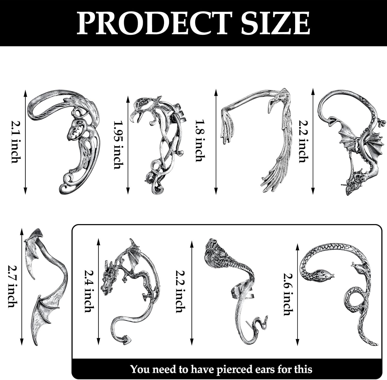 8 Pcs Punk Earrings Dragon Ear Cuff Vintage Retro Snake Bat Crow Ear Climber Earrings Gothic Ear Clip Wrap for Women Men Party Dress