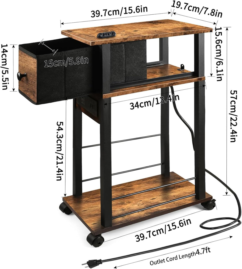 Side Table with Charging Station and Drawer, Narrow End Table with USB Ports and Outlets for Small Space, Living Room, Bedroom and Office, with 4 Wheels (1, Rustic Brown + Black)