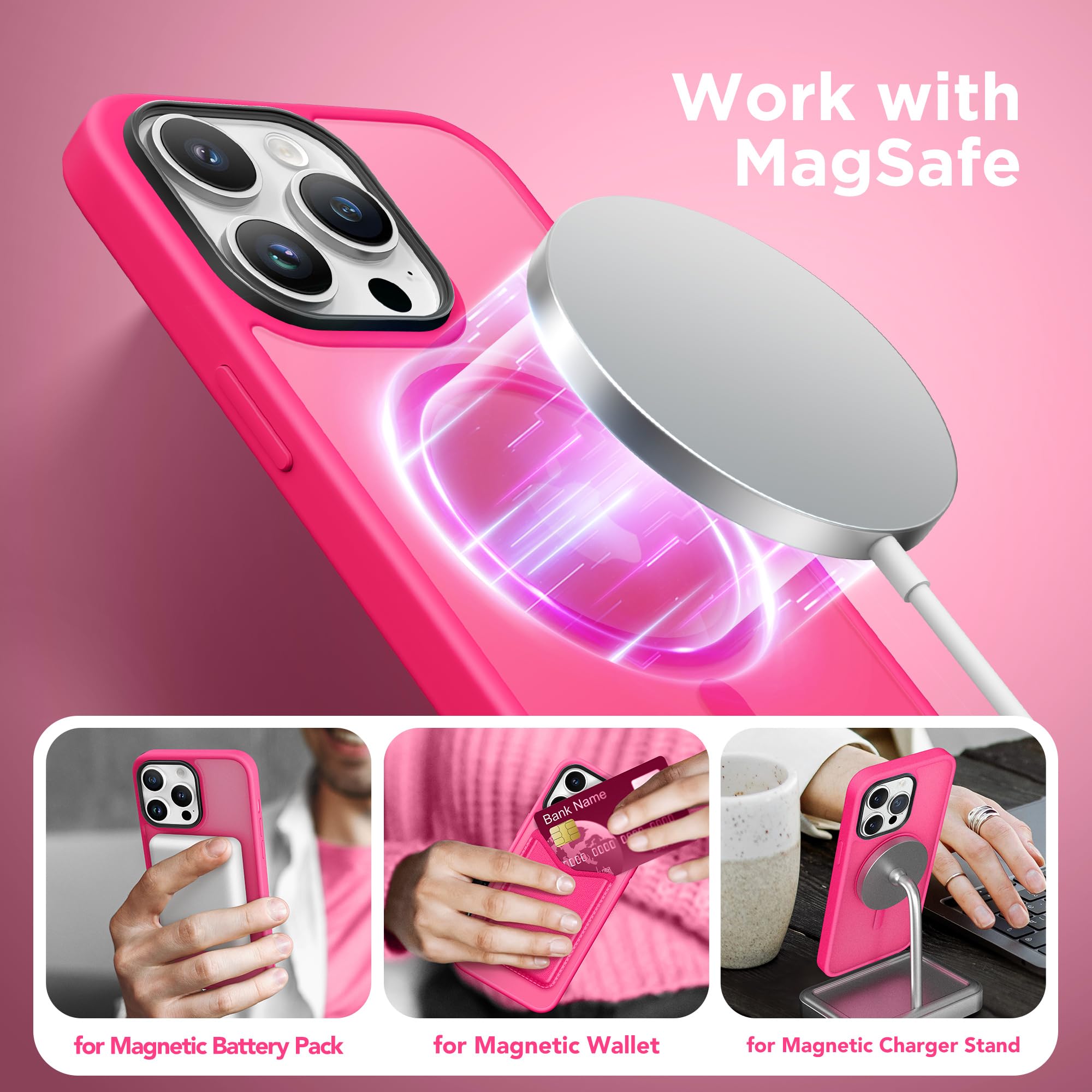 GONEZ iPhone 13 Pro Max用マグネットケース、MagSafe対応、[Military-Grade Drop Protection][Anti-Fingerprint] スリム半透明マットバック衝撃吸収電話保護ケース（ホットピンク）