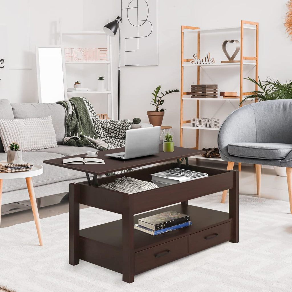 Lift Top Coffee Table with Hidden Compartment & 2 Storage Shelves - Living Room Dining Table with Rising Tabletop Lifttop Desk for Apartment, Home, Condo - Rustic Brown