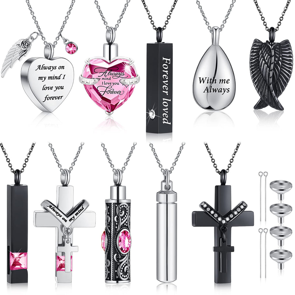 Jexine 10 Pcs Urn Necklace For Ashes Cremation Jewelry Wings Tear Drop Cross Crystal Ashes Necklace Stainless Steel Zircon Memorial Locket Vertical Bar Heart Waterproof Keepsake For Men