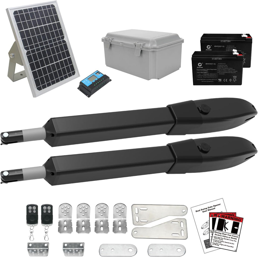 JUJIANG C026 Solar Gate Opener with Batteries & Solar Panel for Dual Swing Gates Up to 1540lb Automatic Gate Opener with Remote Complete Kit Medium Duty Electric Gate Opener Solar Powered 60W Motor