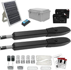 JUJIANG C026 Solar Gate Opener with Batteries & Solar Panel for Dual Swing Gates Up to 1540lb Automatic Gate Opener with Remote Complete Kit Medium Duty Electric Gate Opener Solar Powered 60W Motor