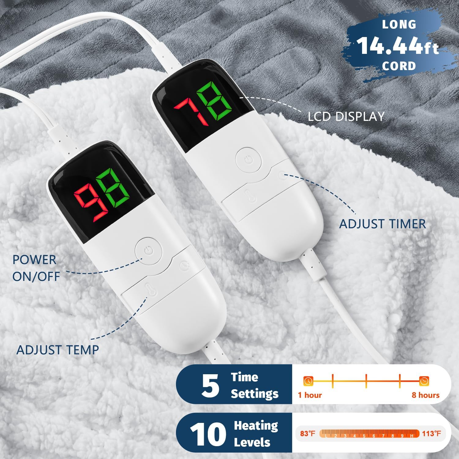 Heated Electric Blanket Queen Size - 84" x 90" Heating Blanket with Dual Control, 10 Levels & 8 Hours Auto Off, Soft Warm Flannel Gift with Over-Heat Protection, ETL & FCC Certified