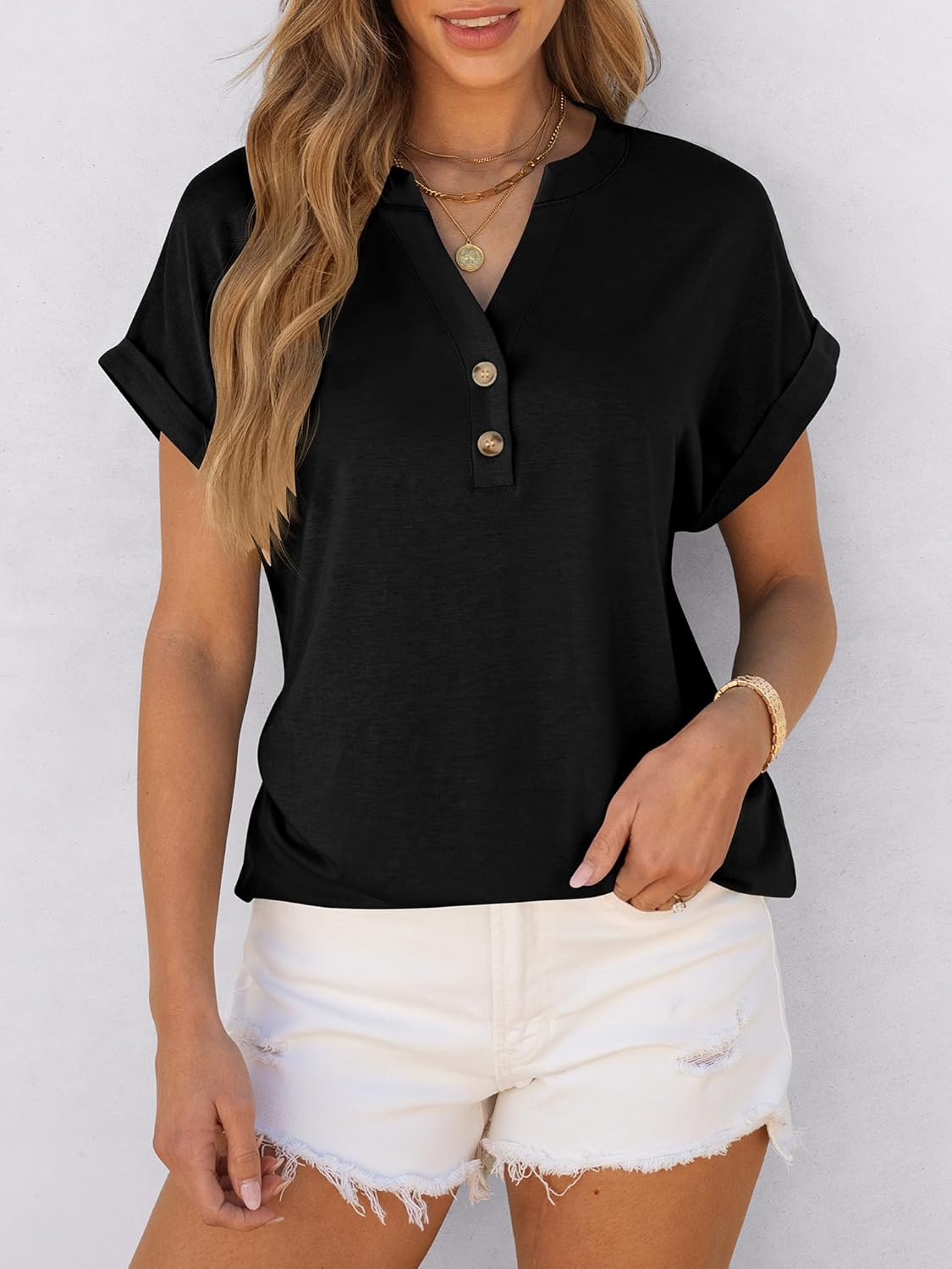 ANRABESS Womens Short Sleeve Henley Tops V Neck Dressy Casual Loose Fit Shirts Summer Flowy Blouses 2025 Trendy Clothes