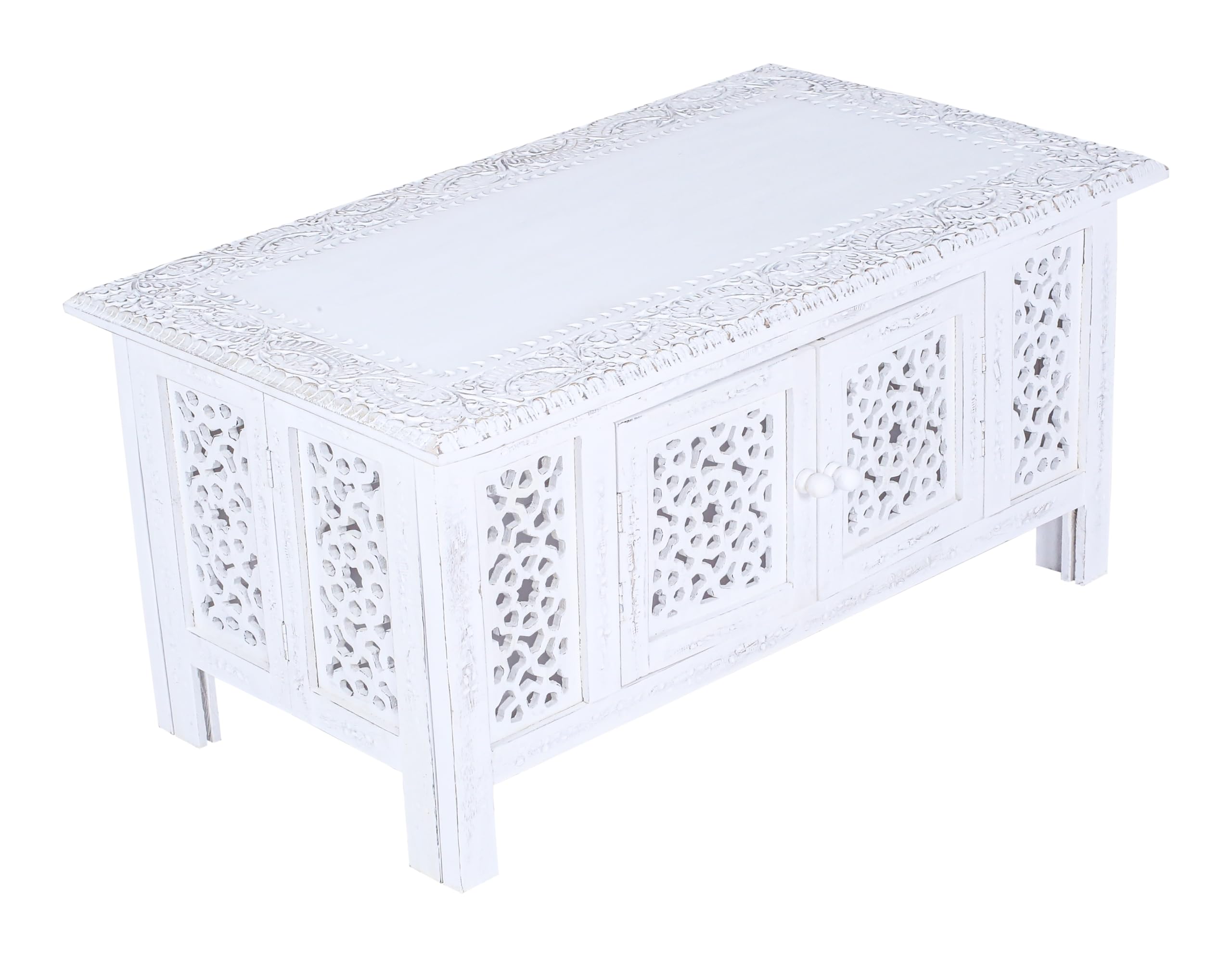 Hand-Carved Wooden Coffee Table – 36” x 18” Rectangular Mango Wood Center Table with Storage, Natural Burnt Finish, Living Room & Accent Table