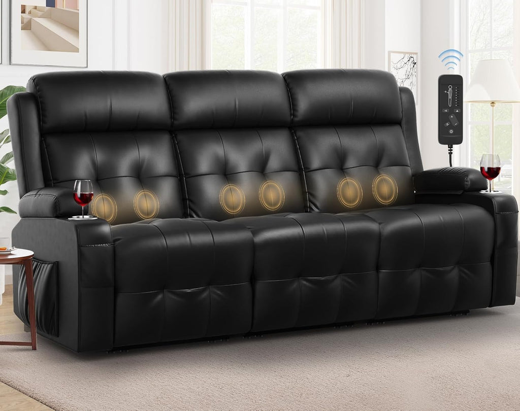 Recliner Sofa, Massage Reclining 3 Seater Sofa Sets Heavy Weight Capacity, RV Loveseat Clearance with Storage, Cup Holders, Wall Hugger Couches for Living Room