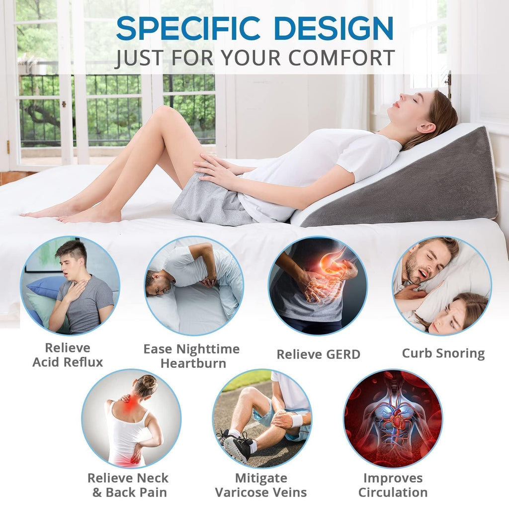 Sasttie Wedge Pillow, 12 Inch Memory Foam Bed Wedge Pillow for Sleeping, Acid Reflux, Back Pain, Post Surgery, and Snoring, Designed with Washable Cover, Cool Gray
