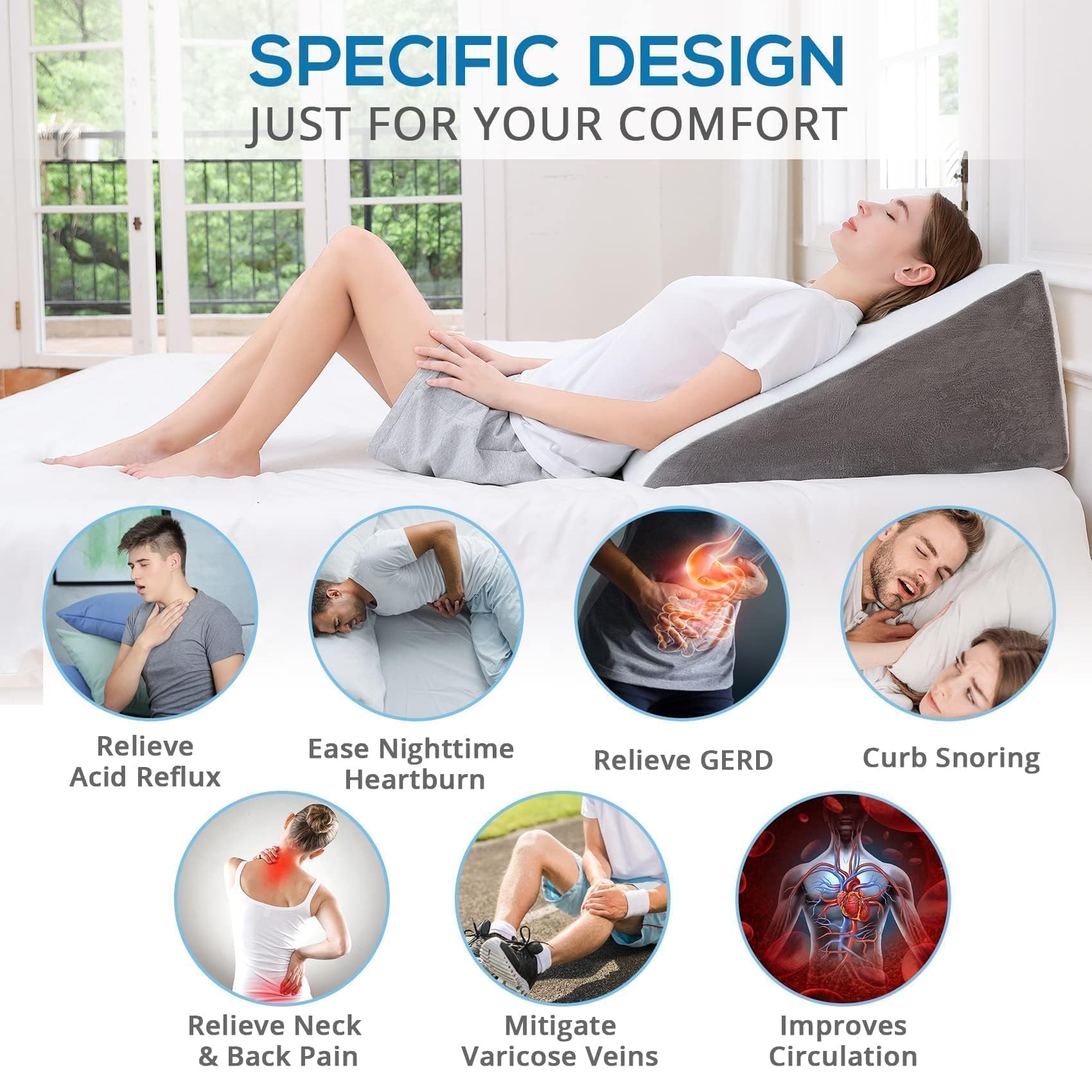 Sasttie Wedge Pillow, 12 Inch Memory Foam Bed Wedge Pillow for Sleeping, Acid Reflux, Back Pain, Post Surgery, and Snoring, Designed with Washable Cover, Cool Gray