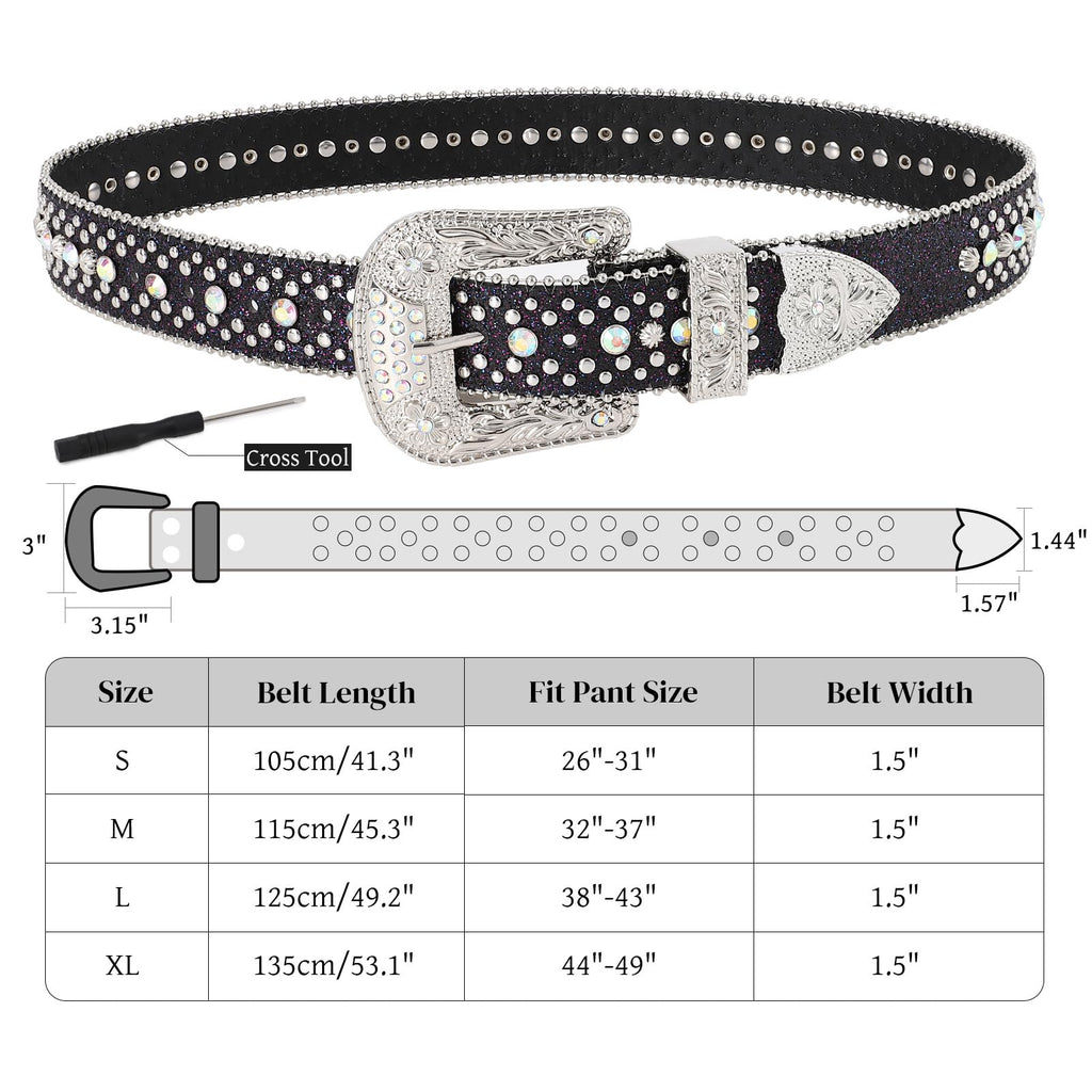 LALATCH Rhinestone Belt for Men Women, Cowboy Cowgirl Bling Western Diamond Leather for Jeans Pants, Silvery Rhinestone/Black