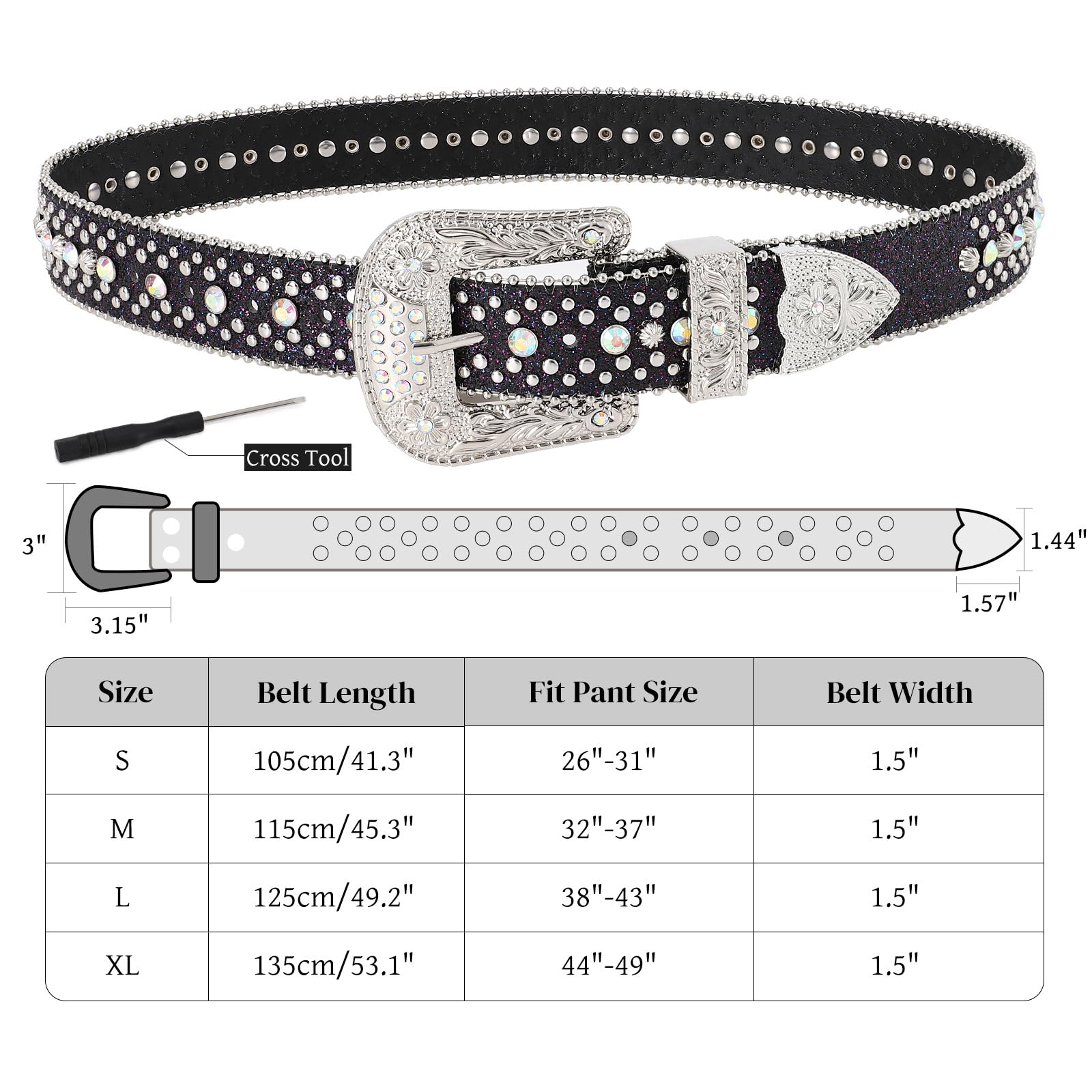 LALATCH Rhinestone Belt for Men Women, Cowboy Cowgirl Bling Western Diamond Leather for Jeans Pants, Silvery Rhinestone/Black