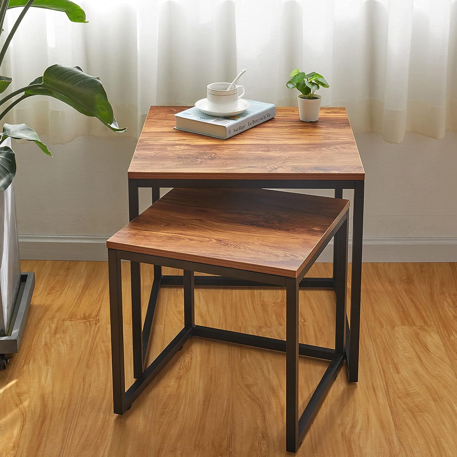 DIMAR GARDEN 2 Set Wood Nesting Coffee Tables,Side Table for Living Room,Steel Frame