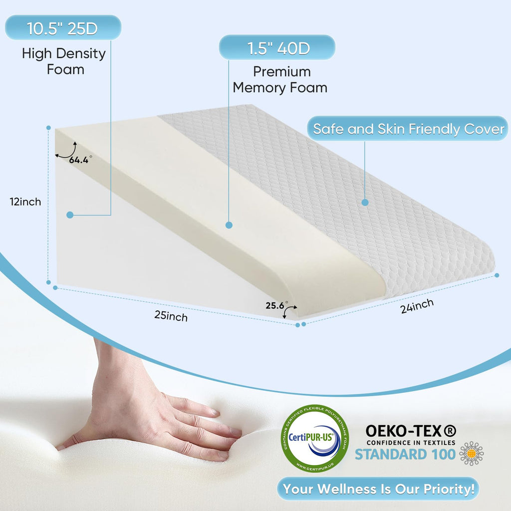 Forias Wedge Pillow for Acid Reflux Relief 12" Bed Wedge Pillow for Headboard Triangle Pillow Wedge for Sleeping Post Surgery Legs Back Pain Gerd Snoring, Soft Memory Foam Top & Washable Cover