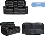 PU Leather Sofa Set, 3 Pieces Living Room Set with Cup Holders, Manual Recliner Sofa &Loveseat & Chair, Black