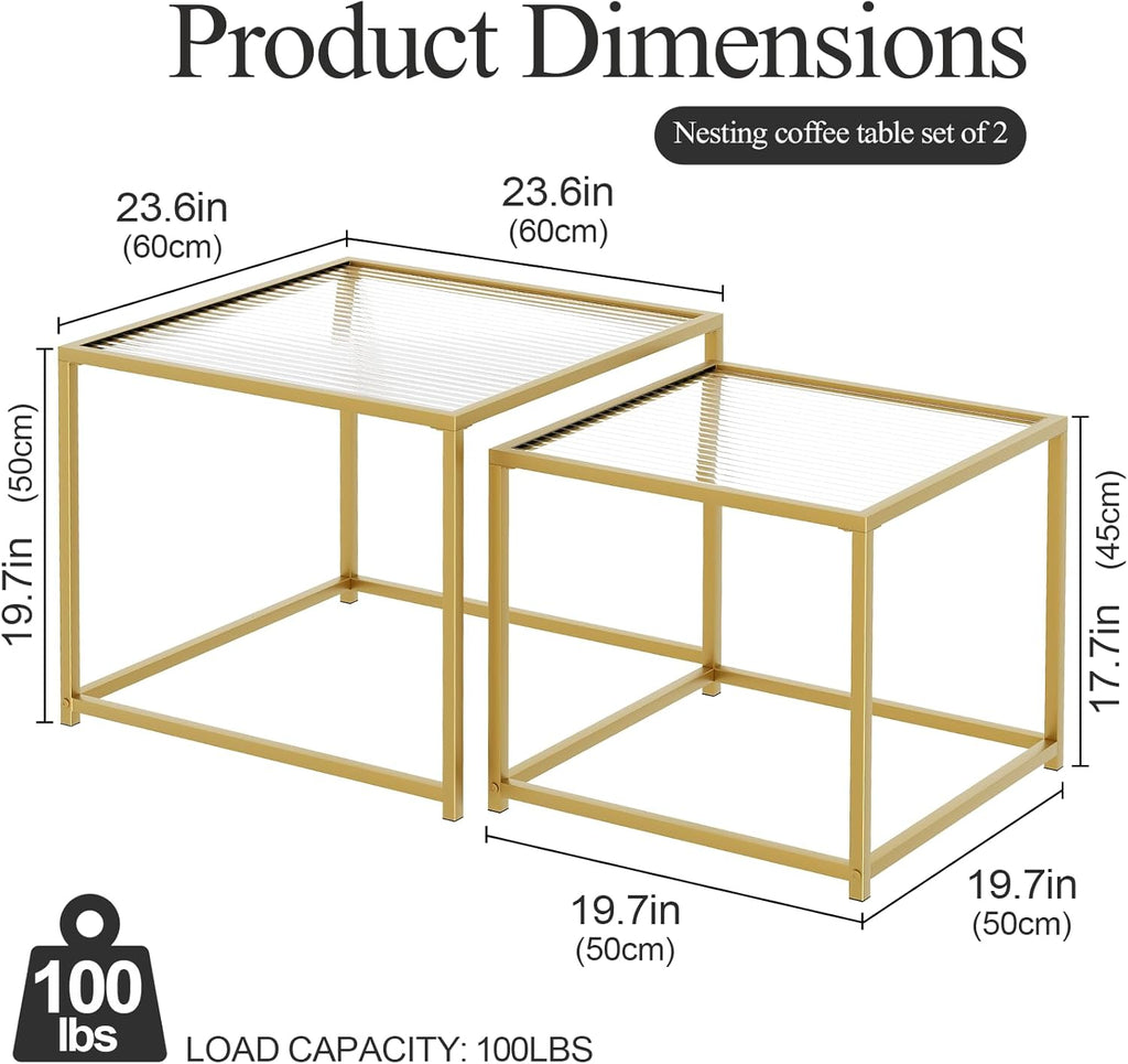 VILAWLENCE Coffee Table Set of 2, Modern Gold Glass Side Table, Metal Frame Square End Table, Center Tables, Nesting Coffee Table for Living Room, Bedroom and Small Spaces, 23.6in